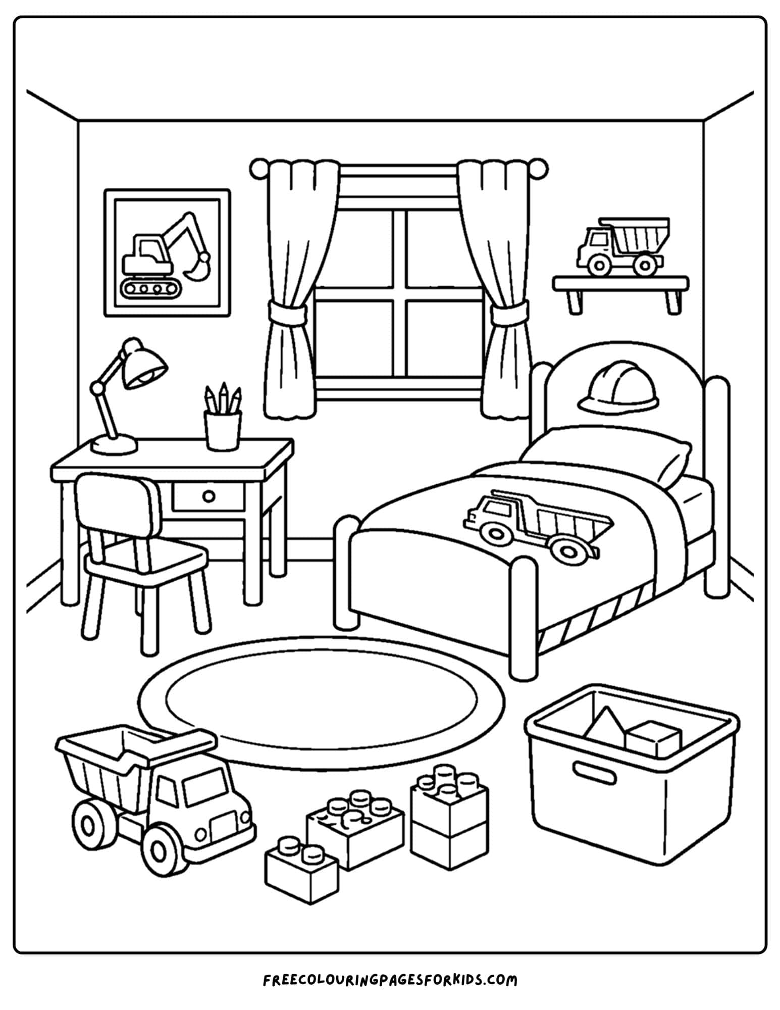 a coloring page of a kids bedroom decorated in a construction theme
