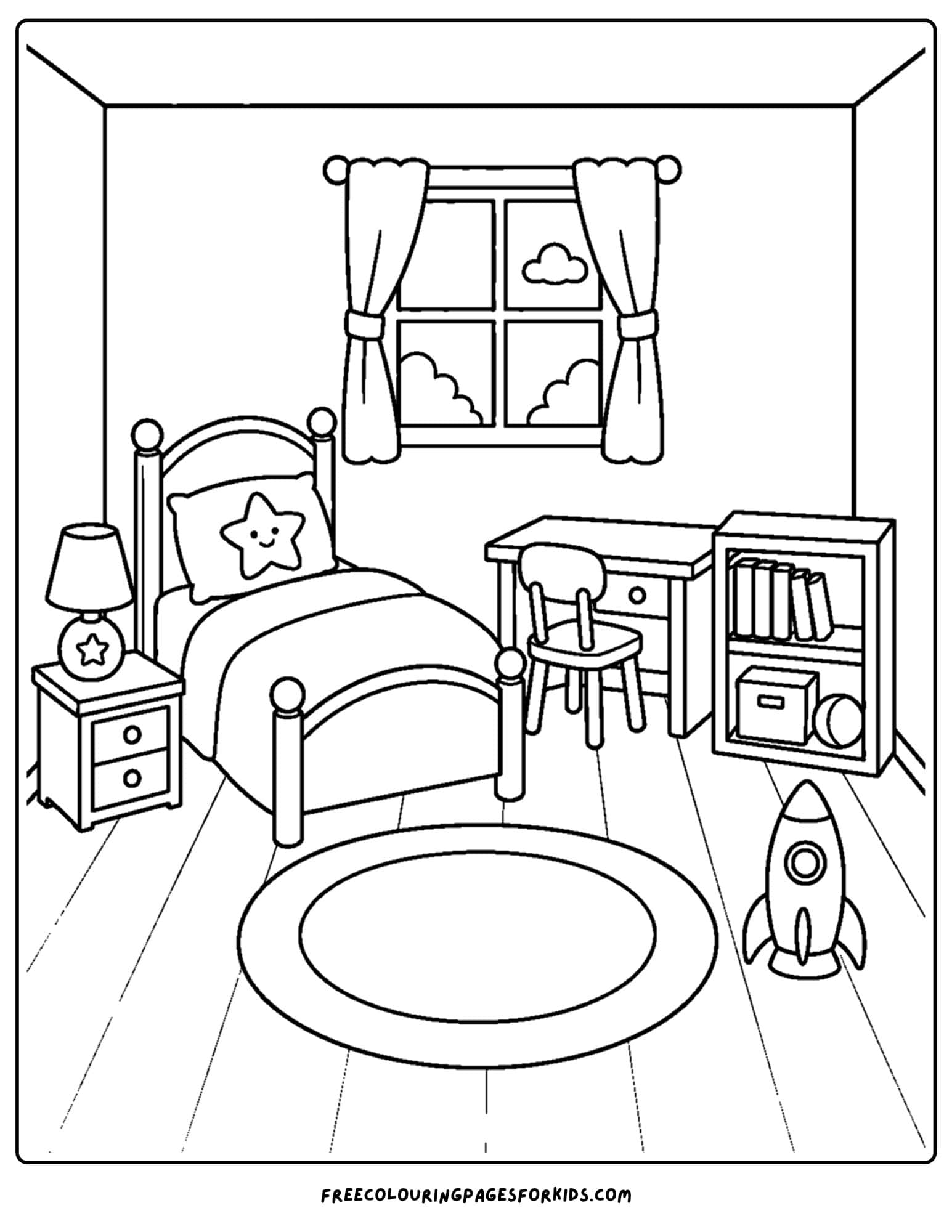 a coloring page of a kids bedroom decorated in a rocket theme