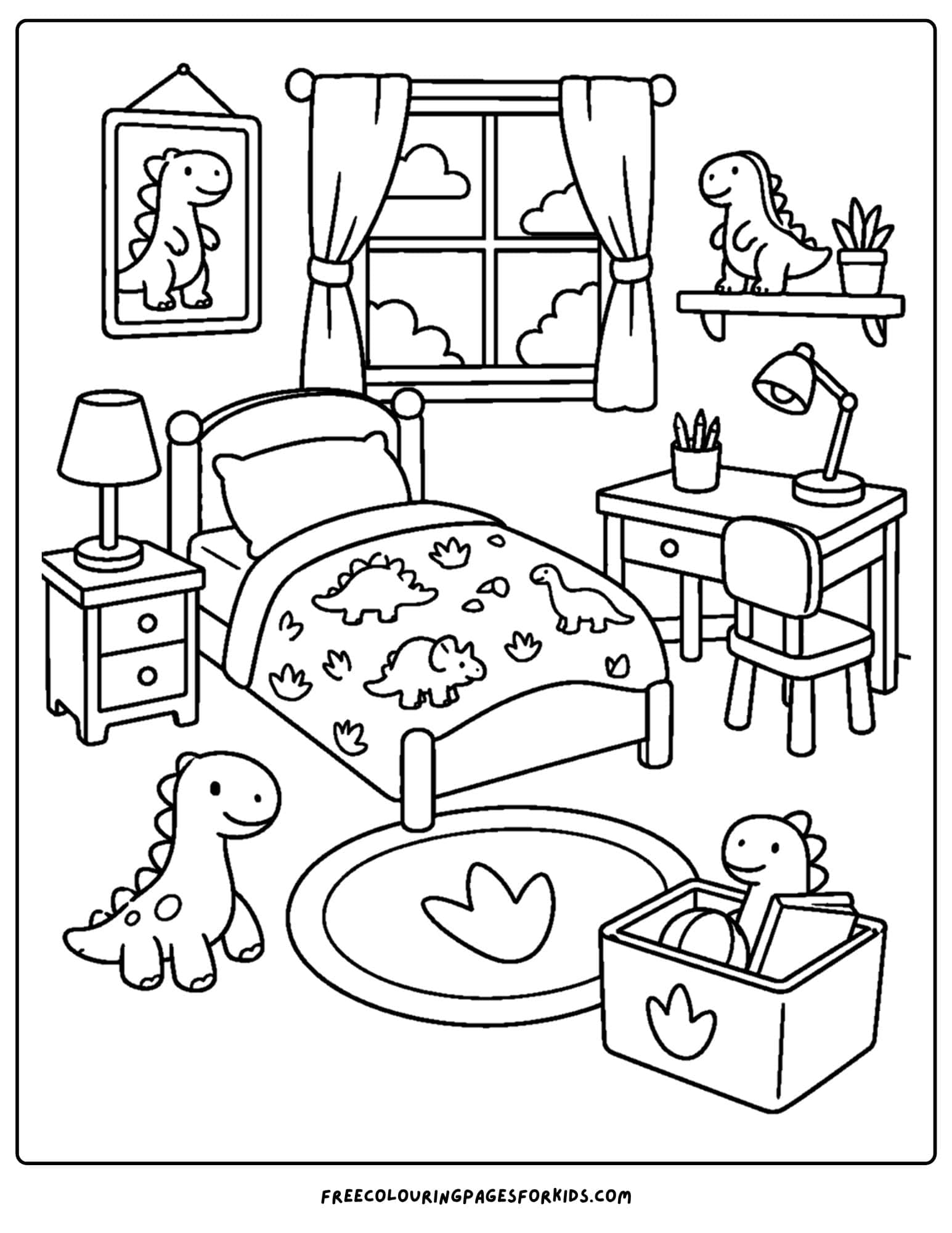 a coloring page of a kids bedroom decorated in a dinosaur theme