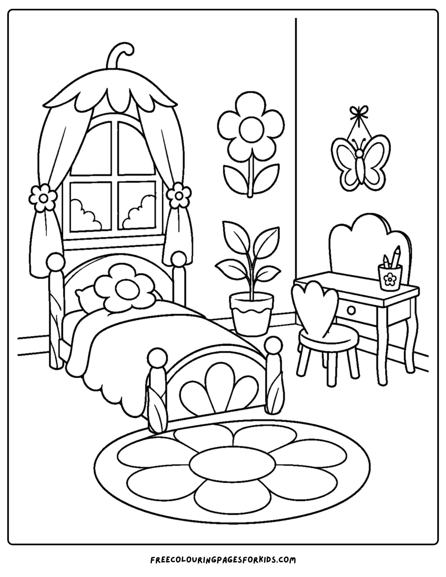a coloring page of a kids bedroom decorated in a fairy theme
