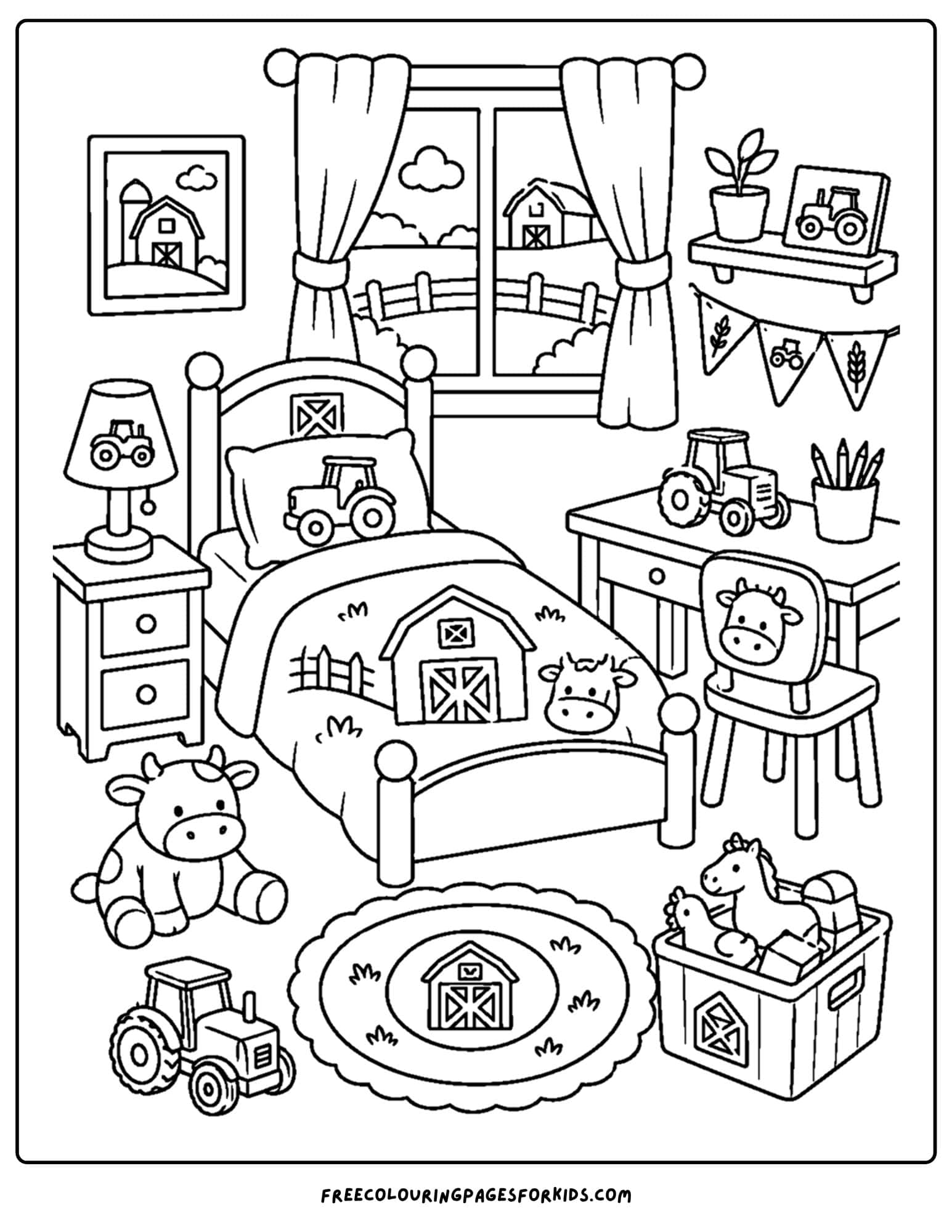 a coloring page of a kids bedroom decorated in a farm theme