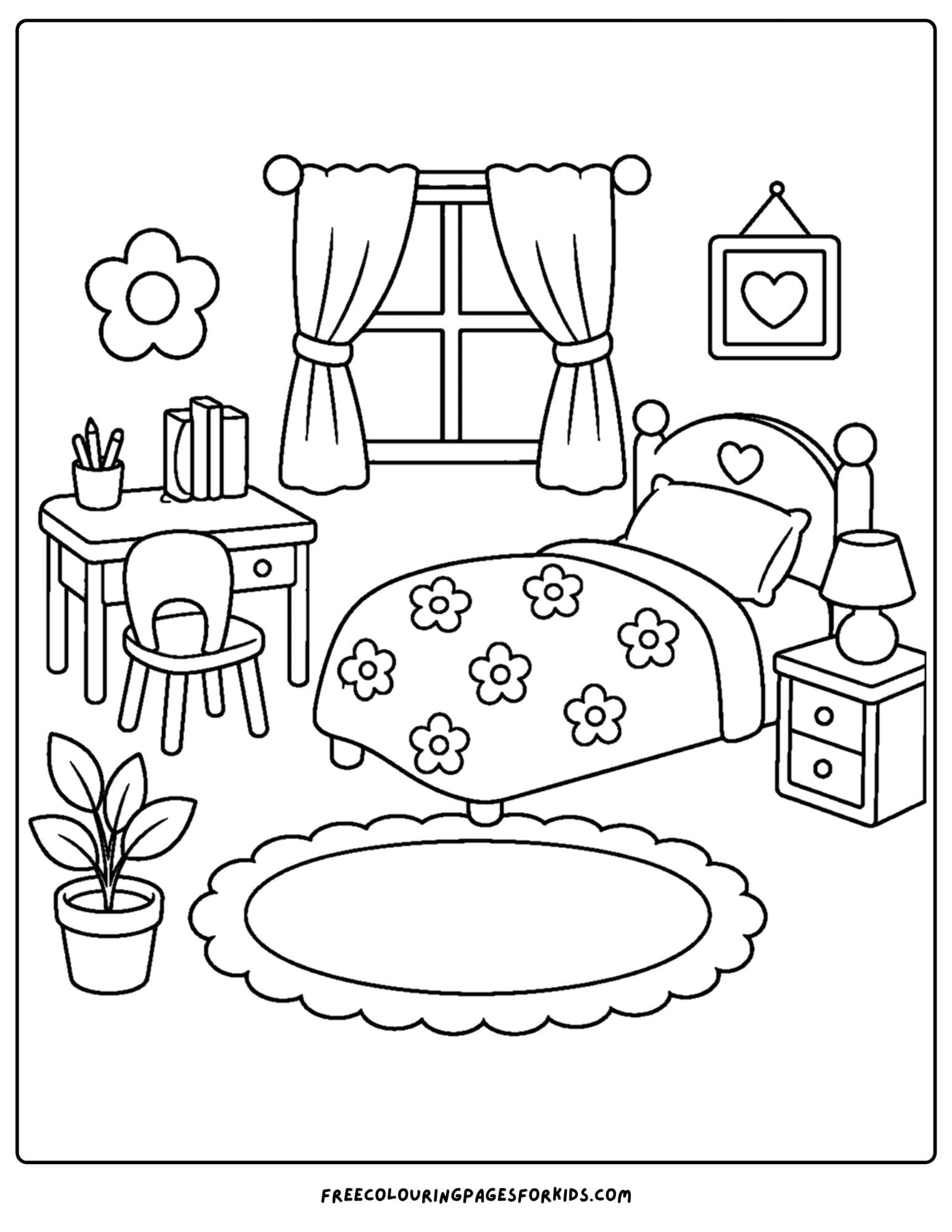 a coloring page of a kids bedroom decorated in a floral flower theme