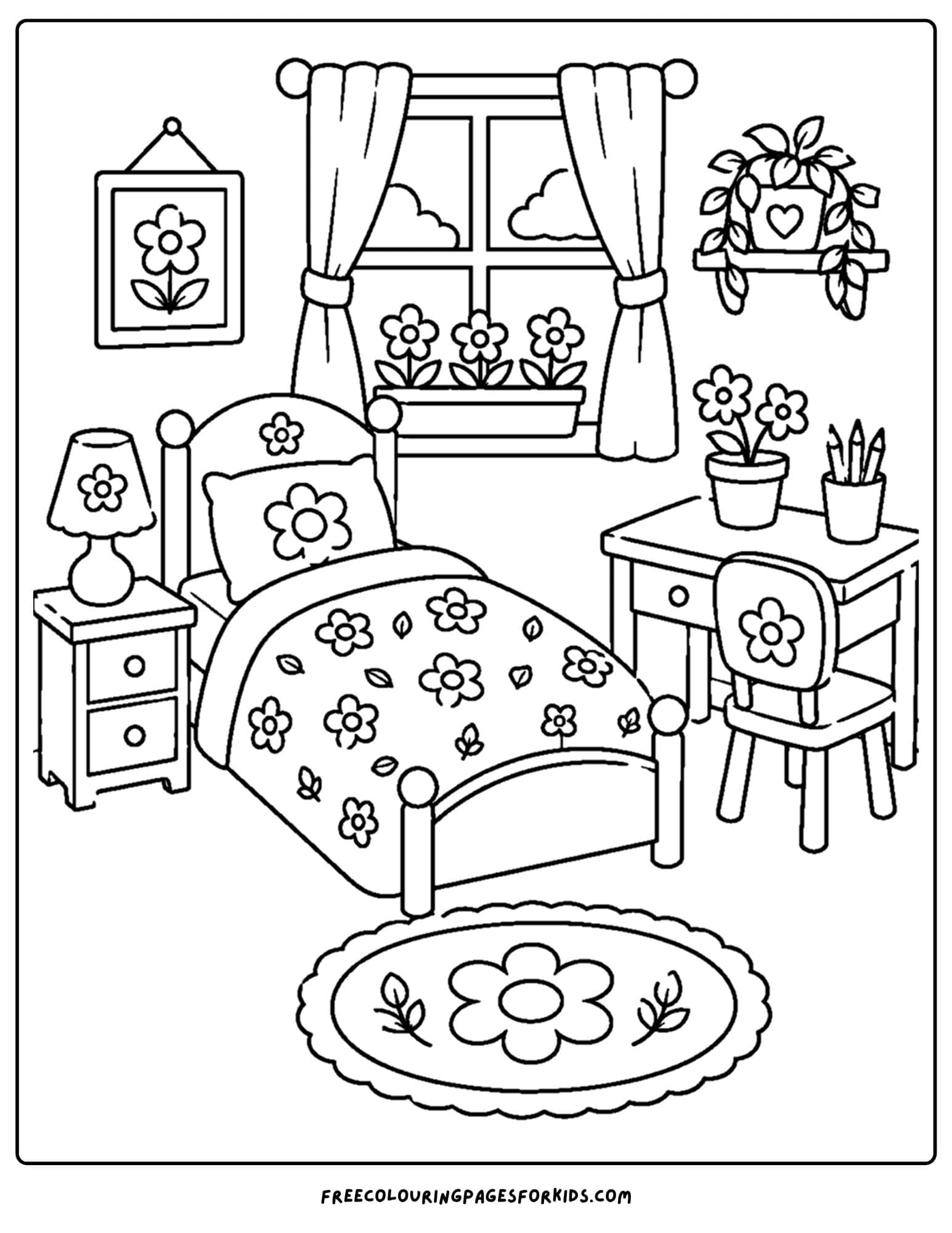a coloring page of a kids bedroom decorated in a garden theme