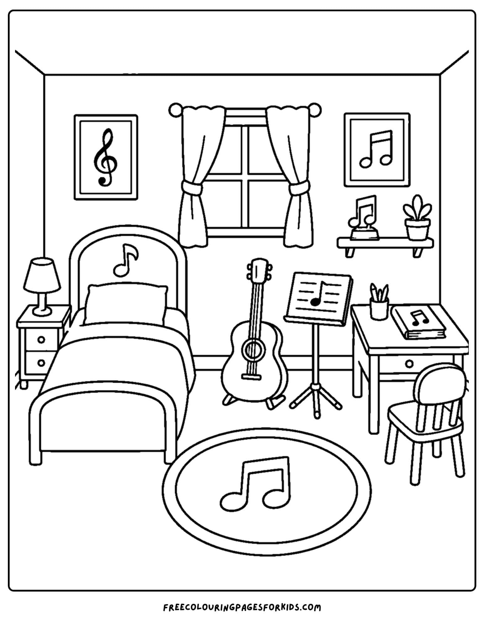 a coloring page of a kids bedroom decorated in a music theme