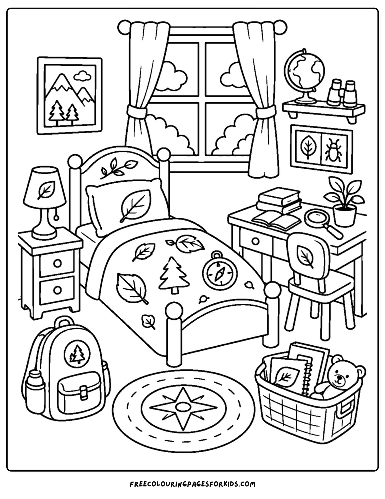 a coloring page of a kids bedroom decorated in a nature explorer theme