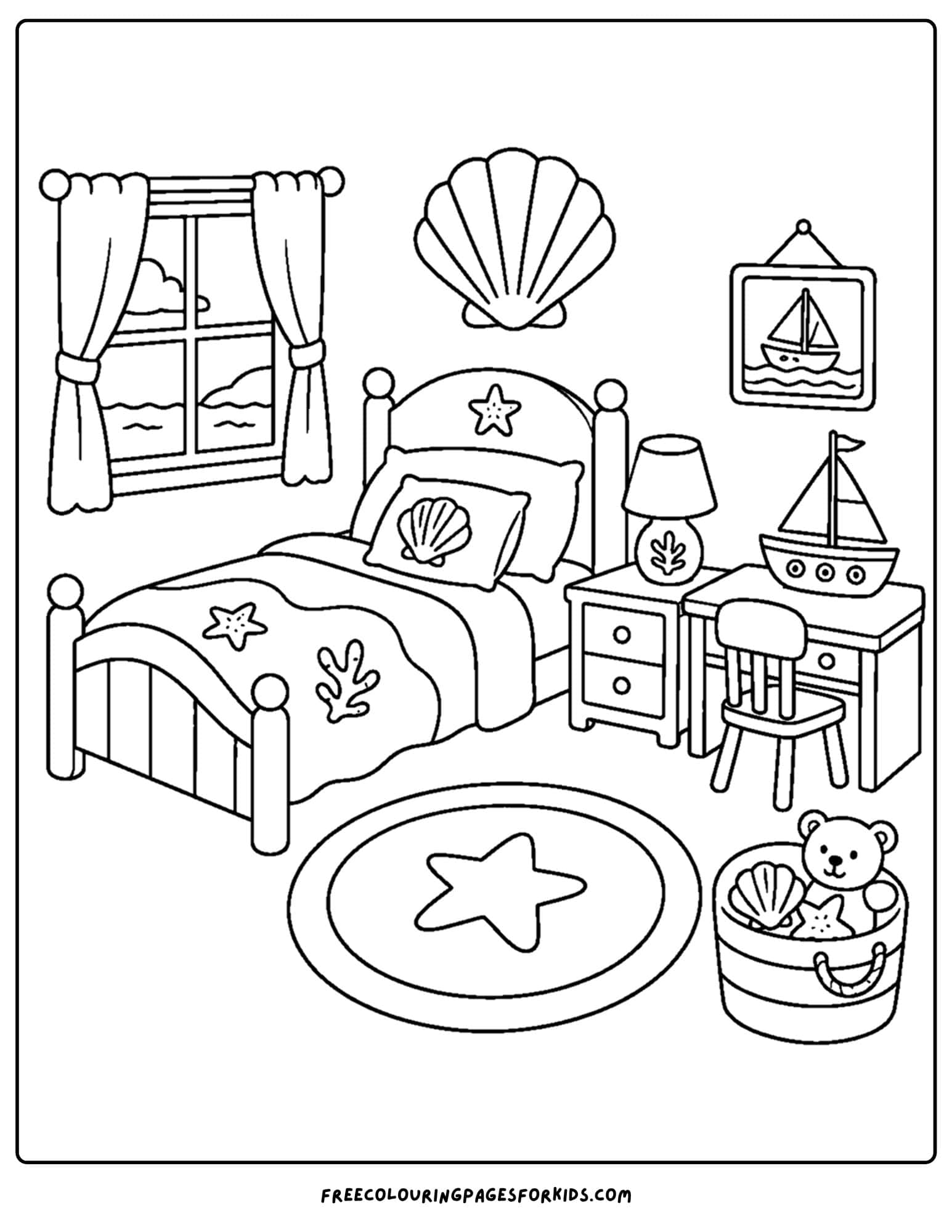 a coloring page of a kids bedroom decorated in an ocean theme