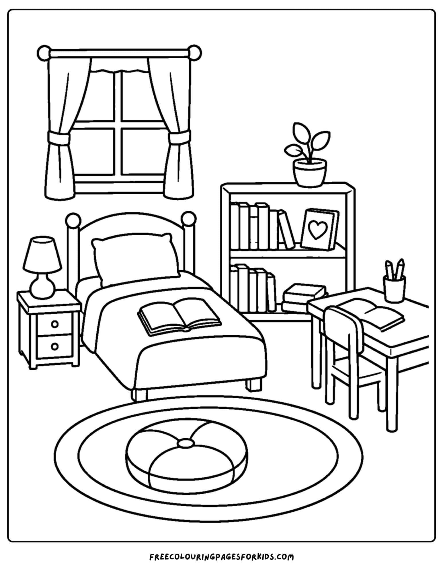 a coloring page of a kids bedroom decorated as a peaceful reading room