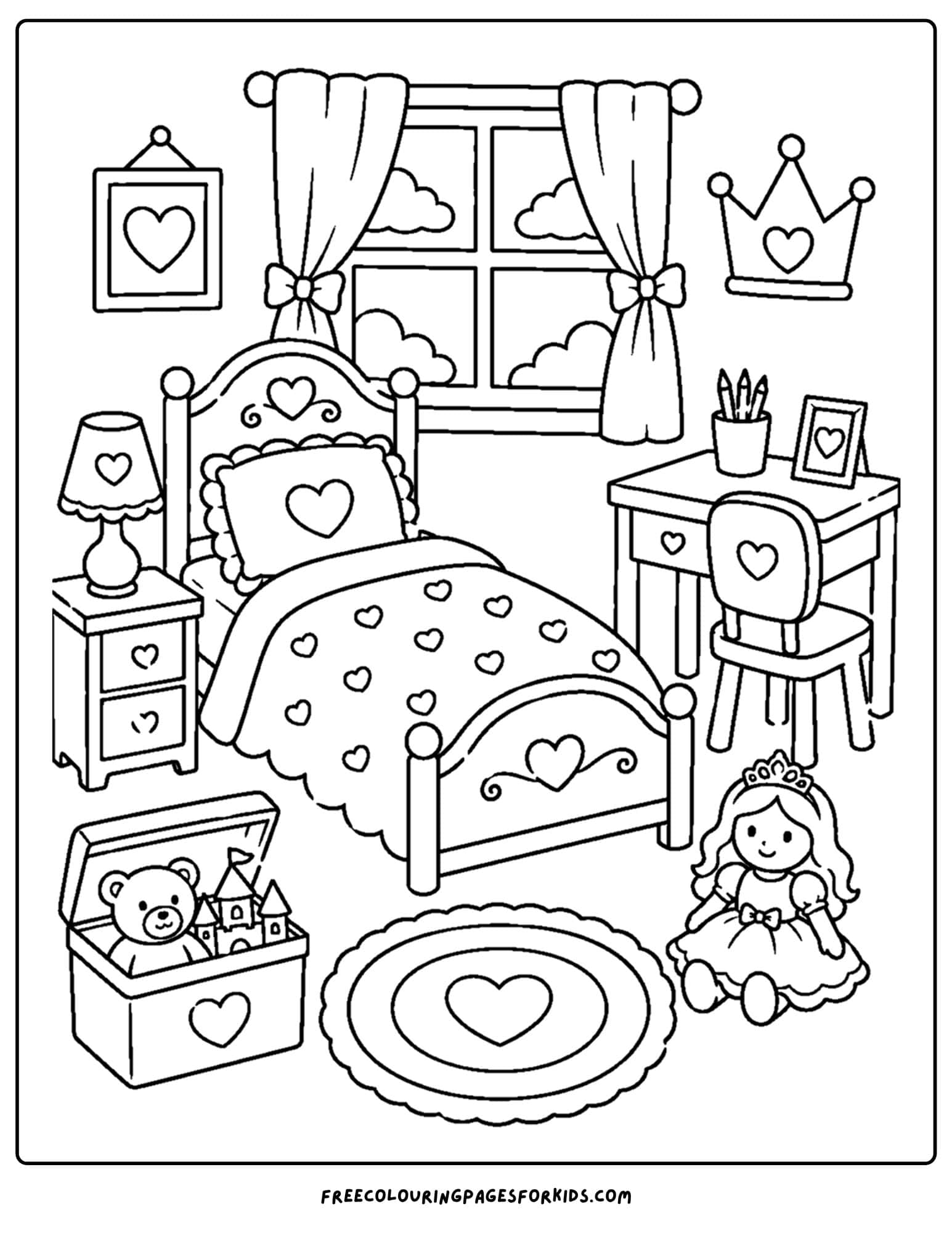 a coloring page of a kids bedroom decorated in a princess theme