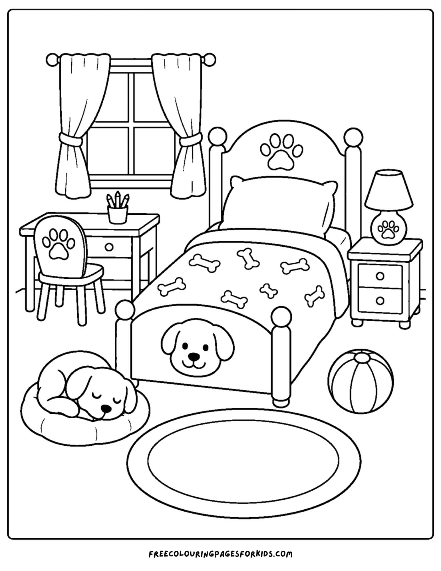 a coloring page of a kids bedroom decorated in a puppy dog theme