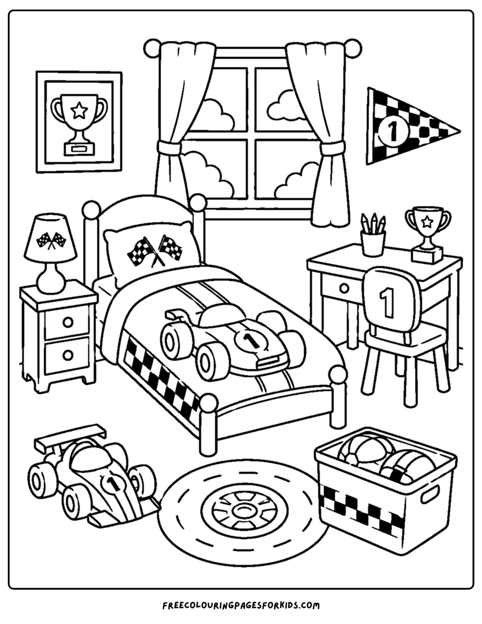 a coloring page of a kids bedroom decorated in a race car theme