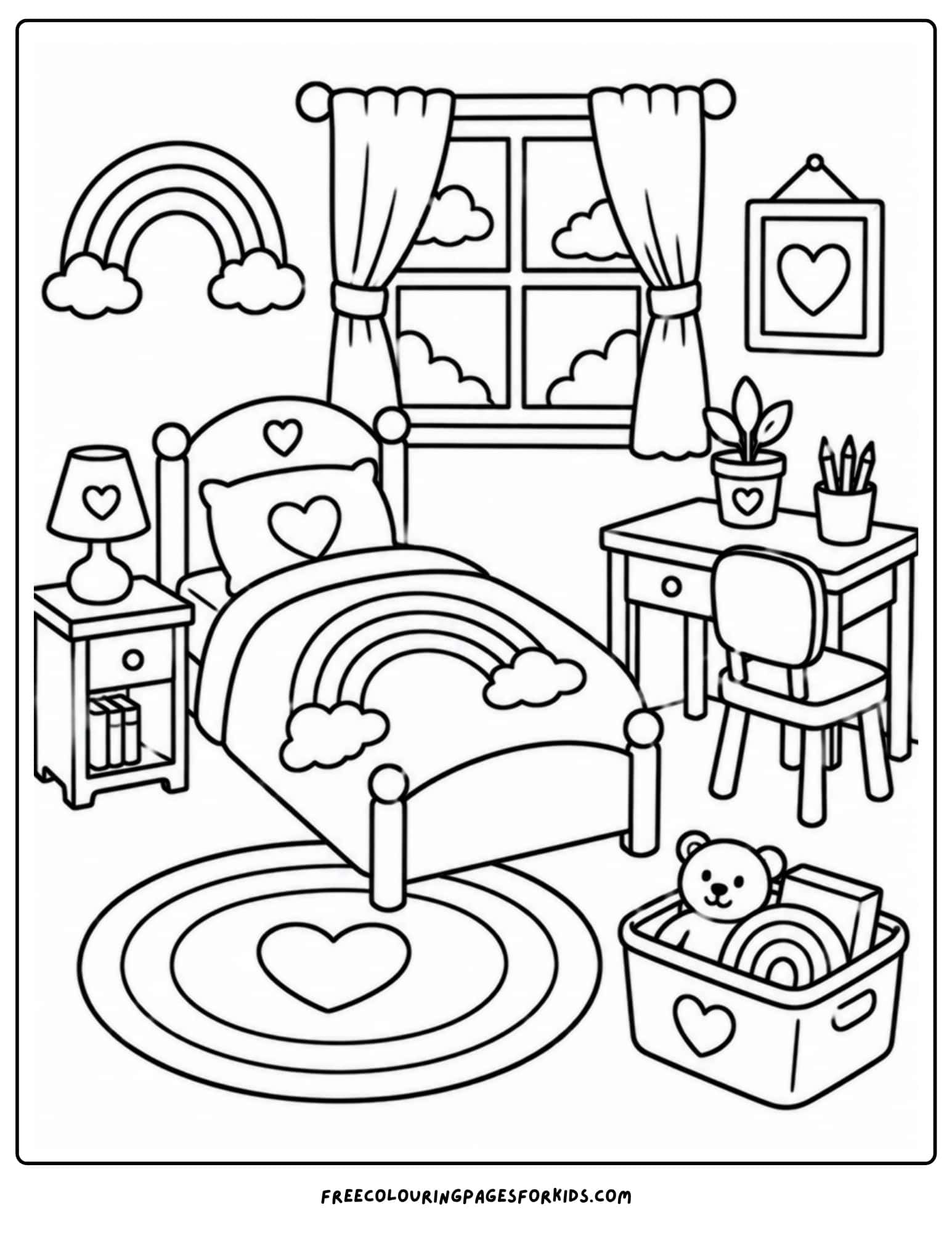 a coloring page of a kids bedroom decorated in a rainbow theme