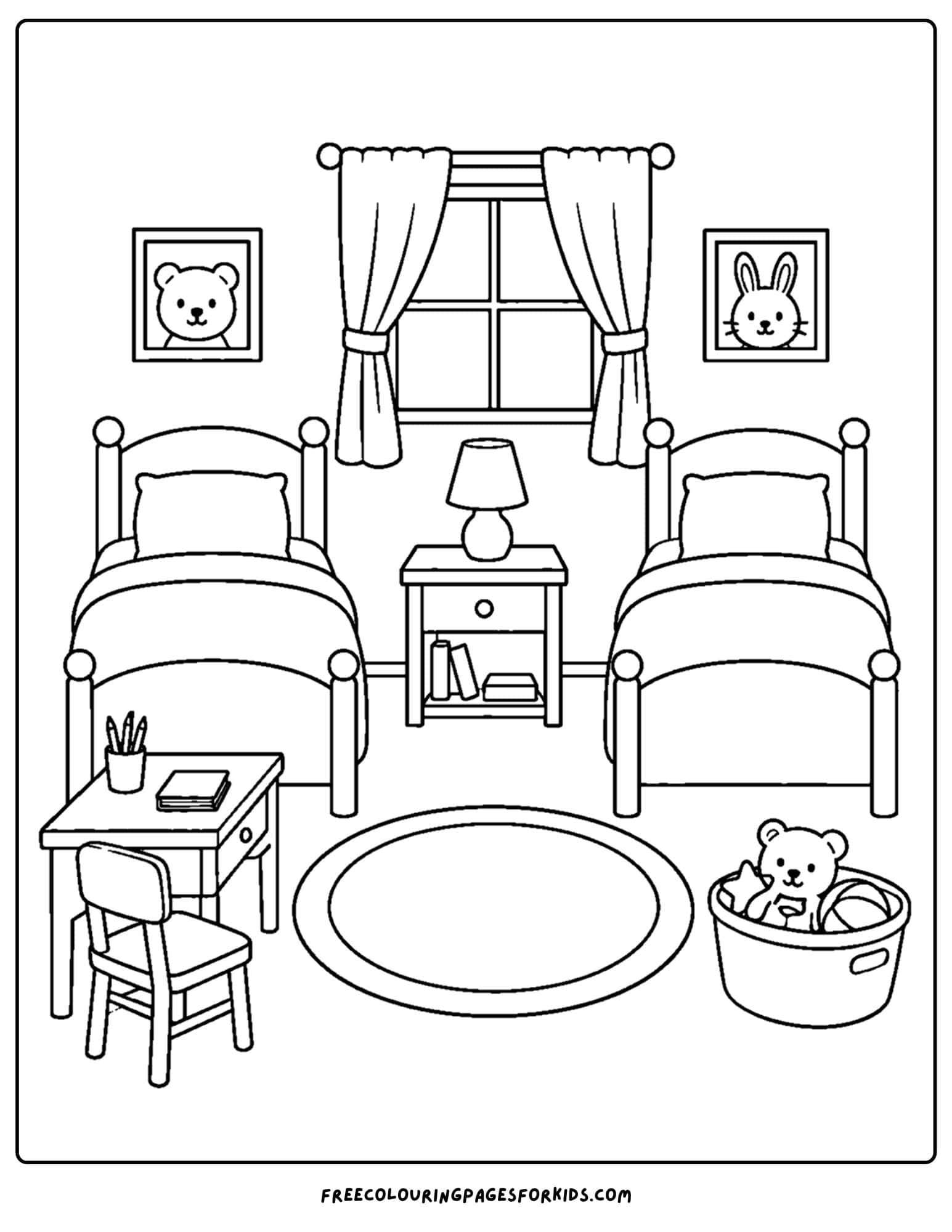 a coloring page of a kids bedroom with two single beds for siblings to share the room