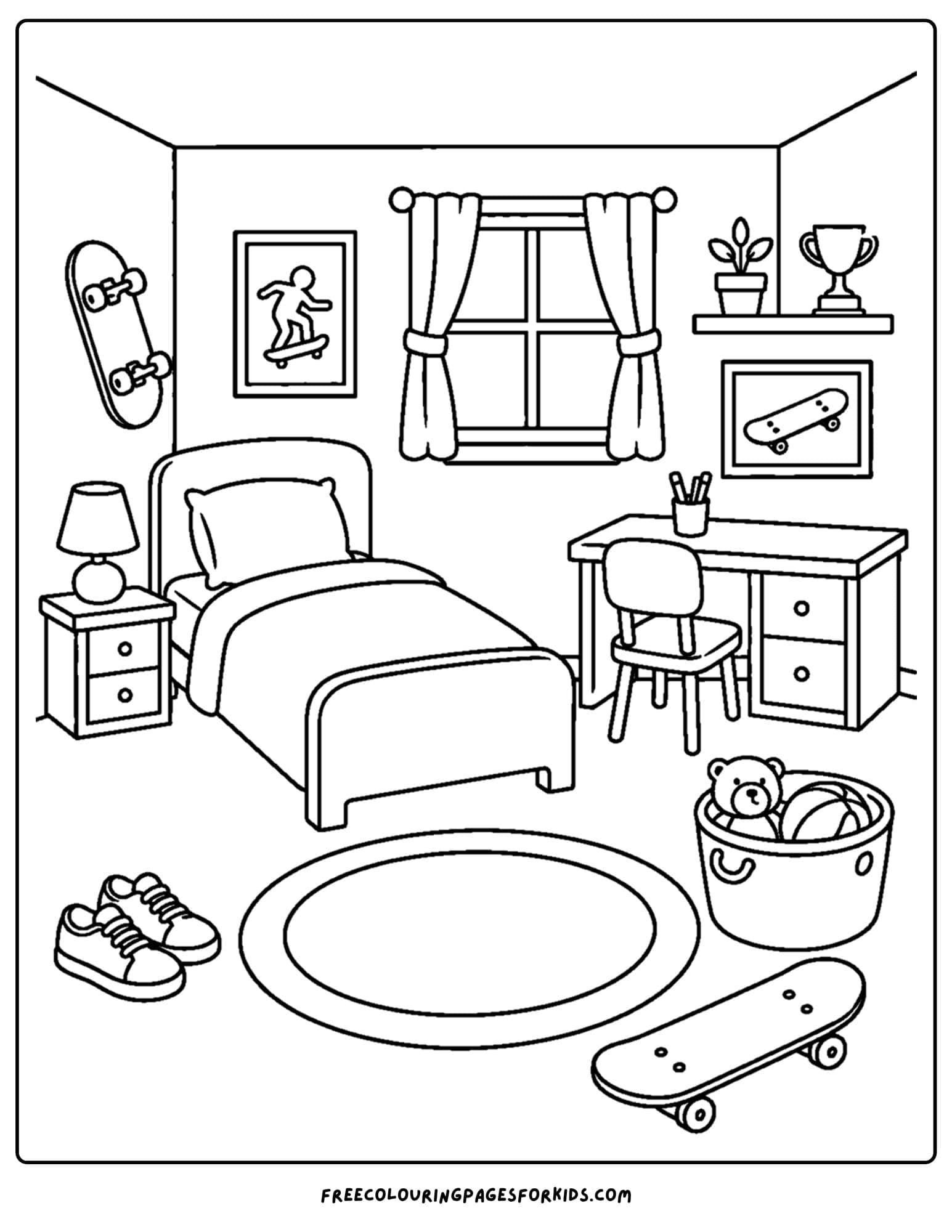 a coloring page of a kids bedroom decorated in a skateboard theme