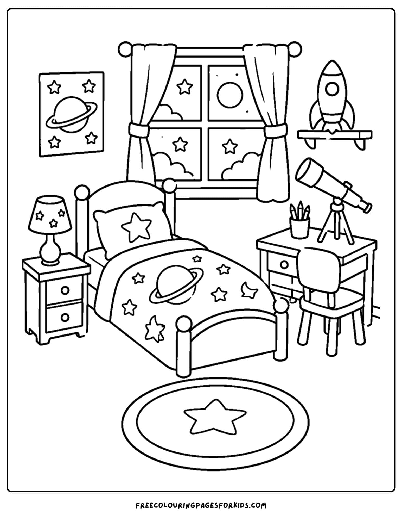 a coloring page of a kids bedroom decorated in a space theme