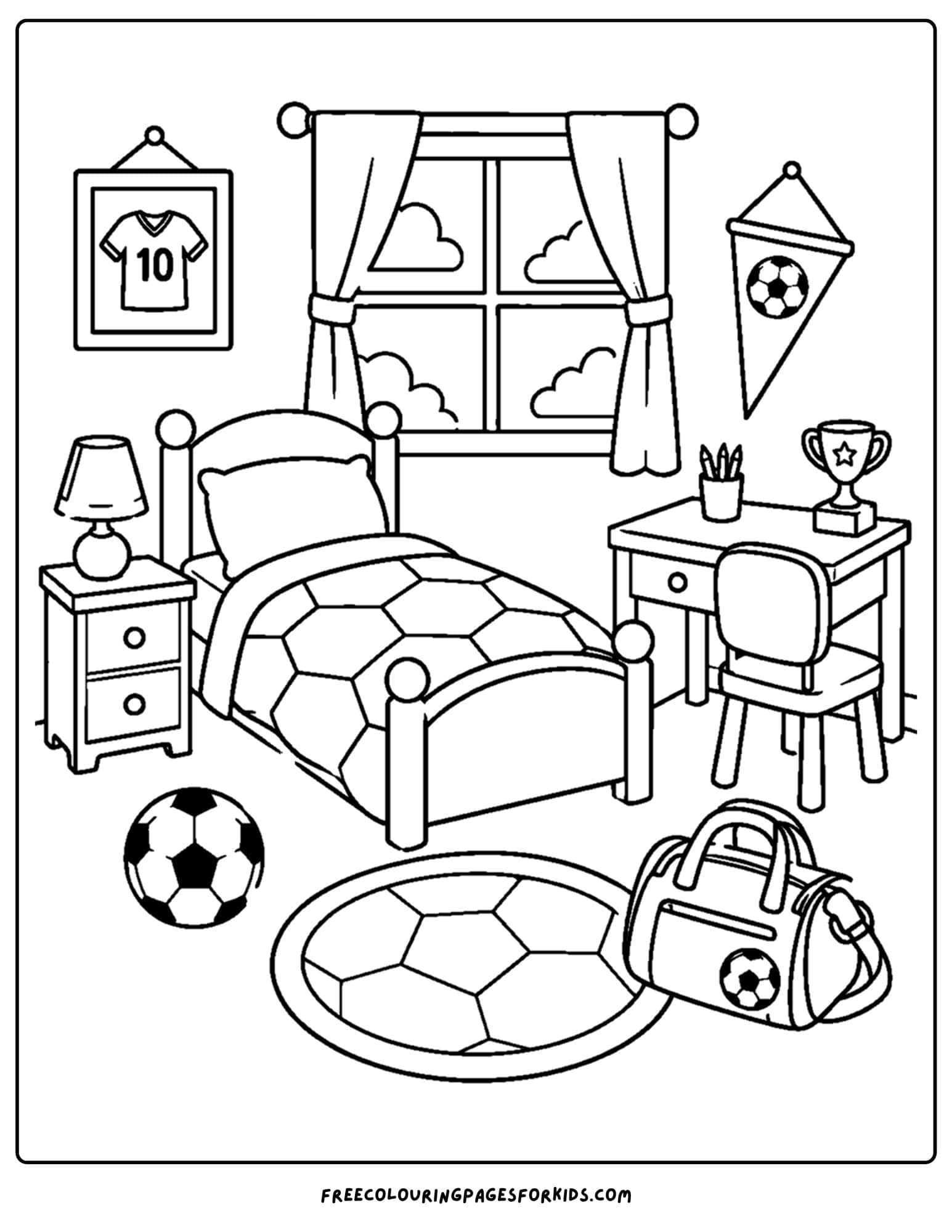 a coloring page of a kids bedroom decorated in a sports theme