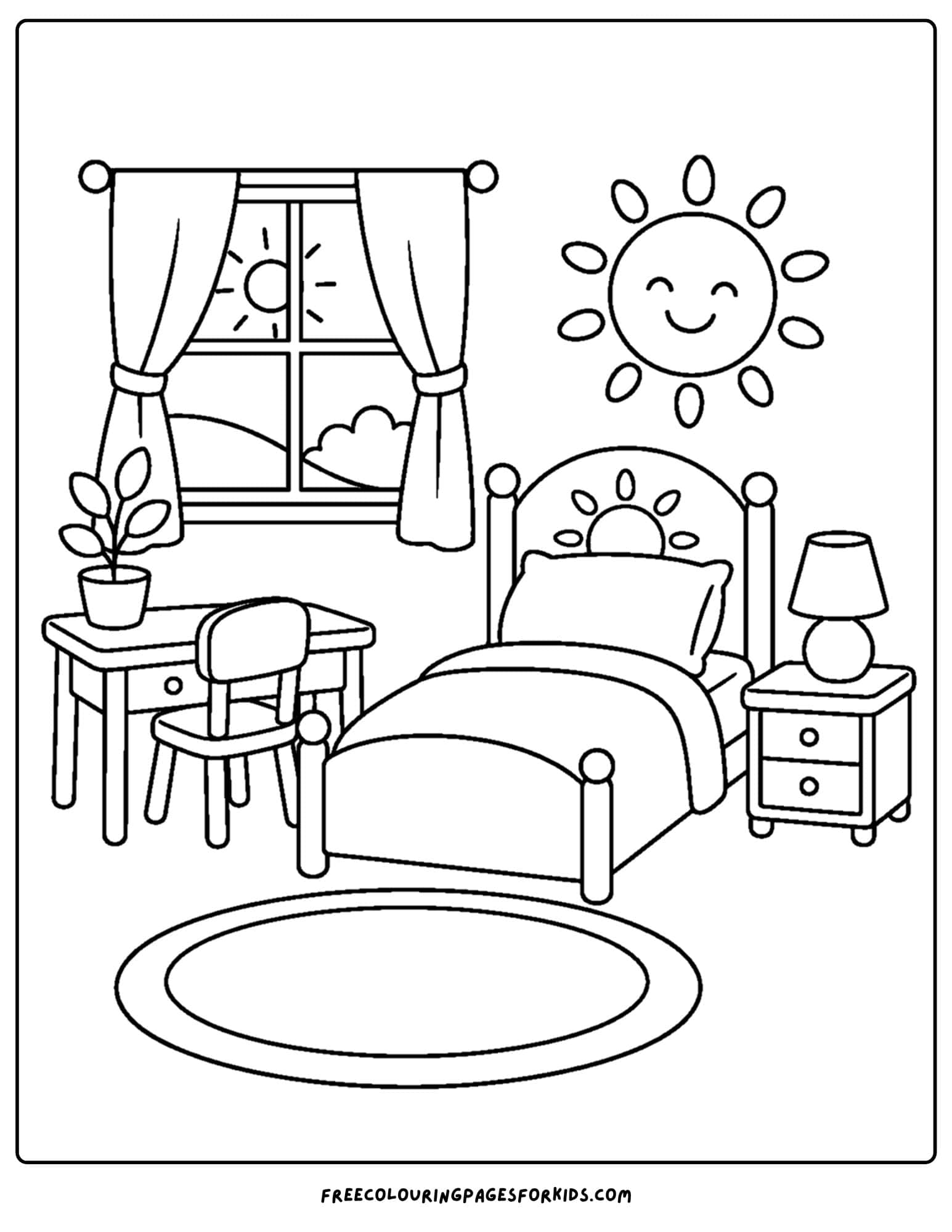 a coloring page of a kids bedroom themed with a sun over the bed and shining in the window