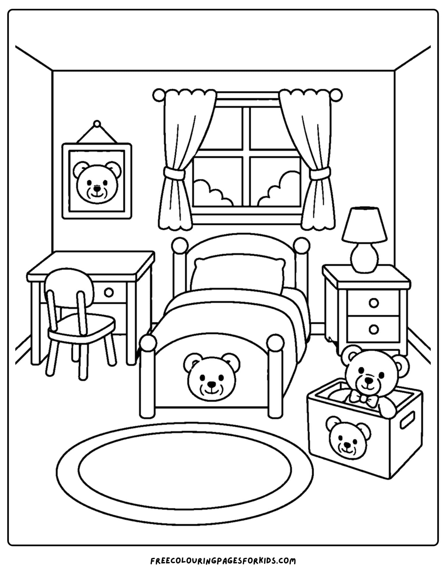 a coloring page of a kids bedroom themed on teddy bears