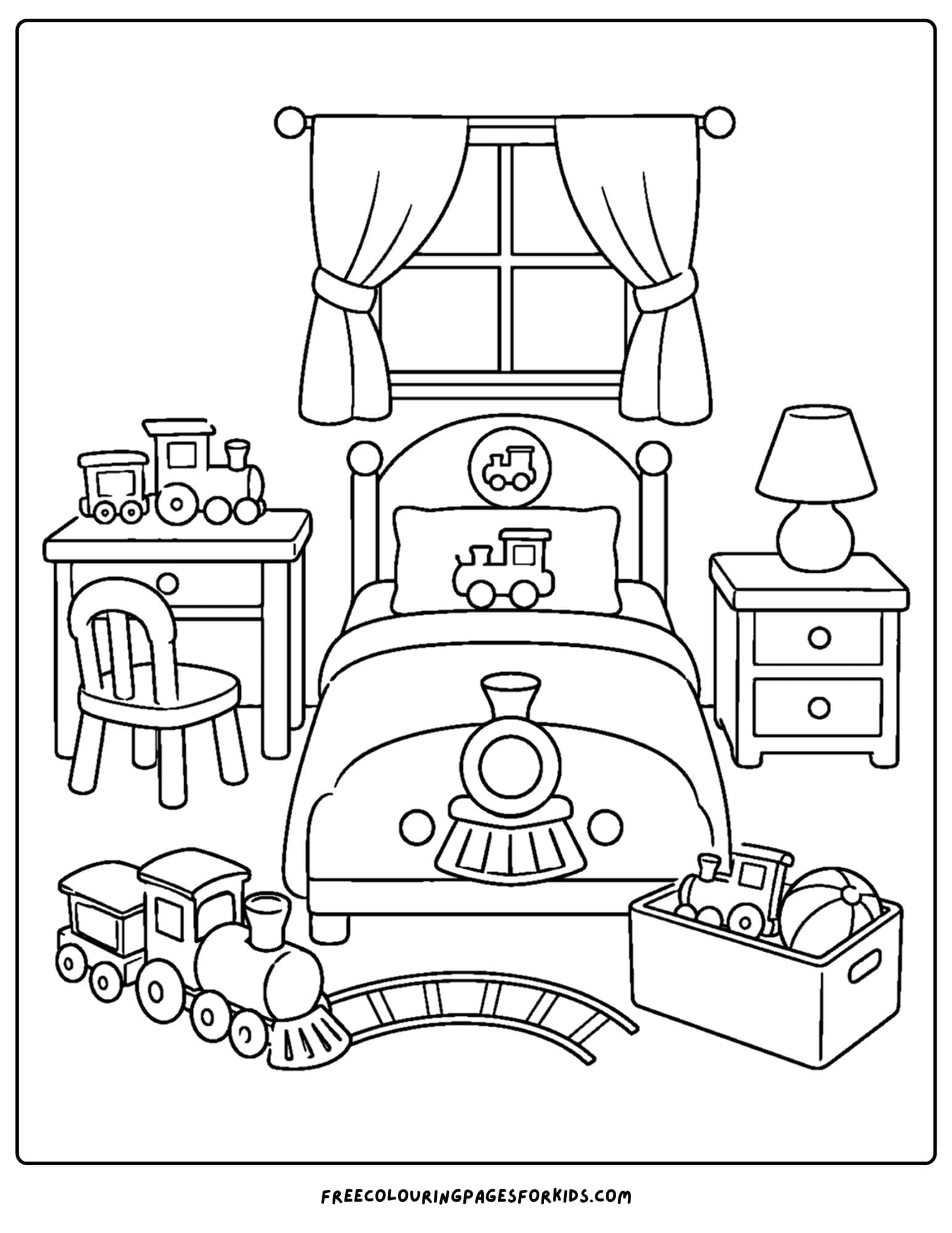 a coloring page of a kids bedroom decorated with trains and train themed elements