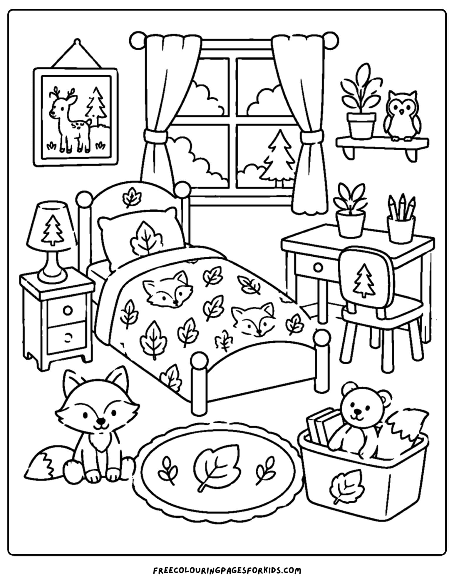 a coloring page of a kids bedroom decorated as a woodland theme