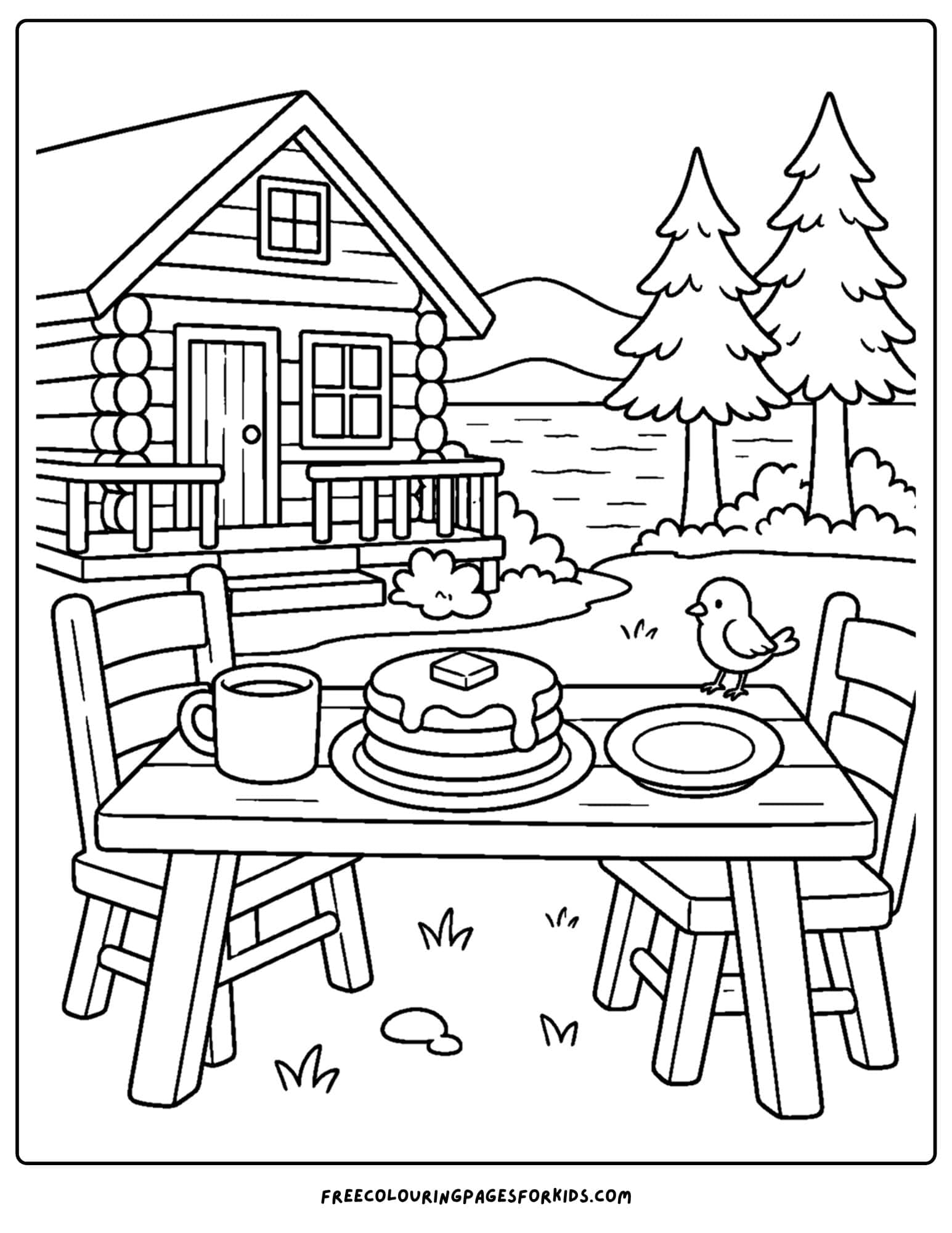 a cabin coloring page showing a breakfast setting up at the cabin