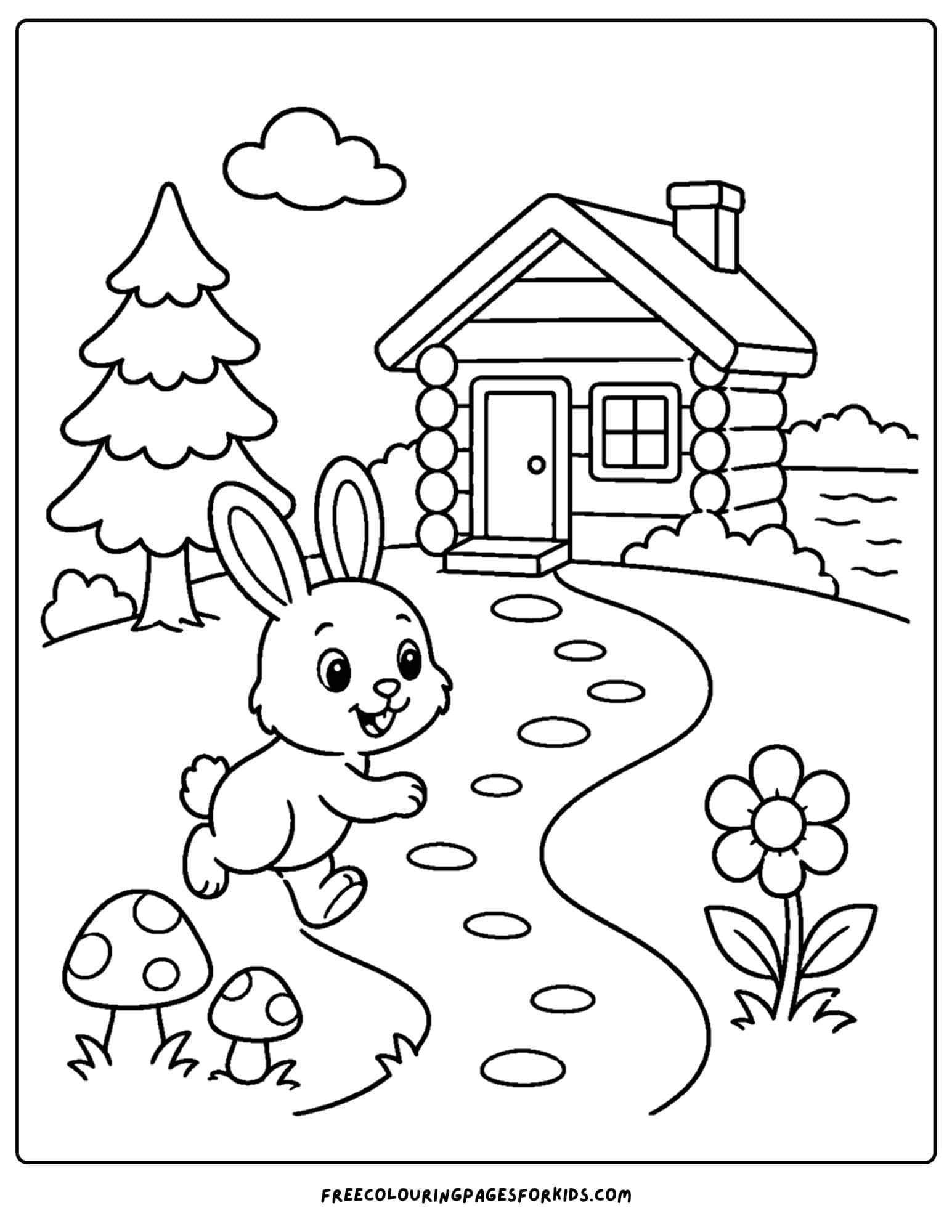 a cabin coloring page showing a bunny going down the path to a cabin