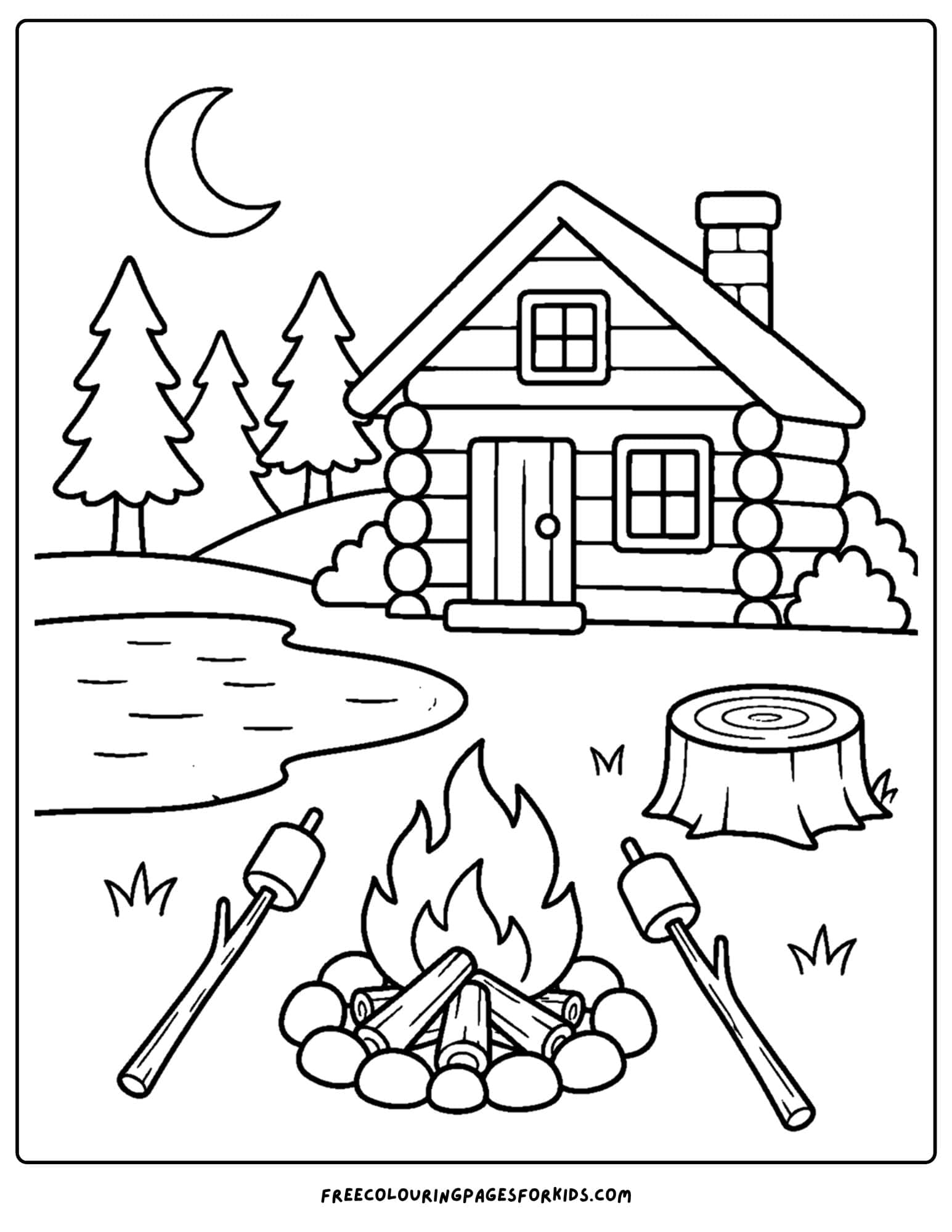 a cabin coloring page showing a campfire beside a cabin