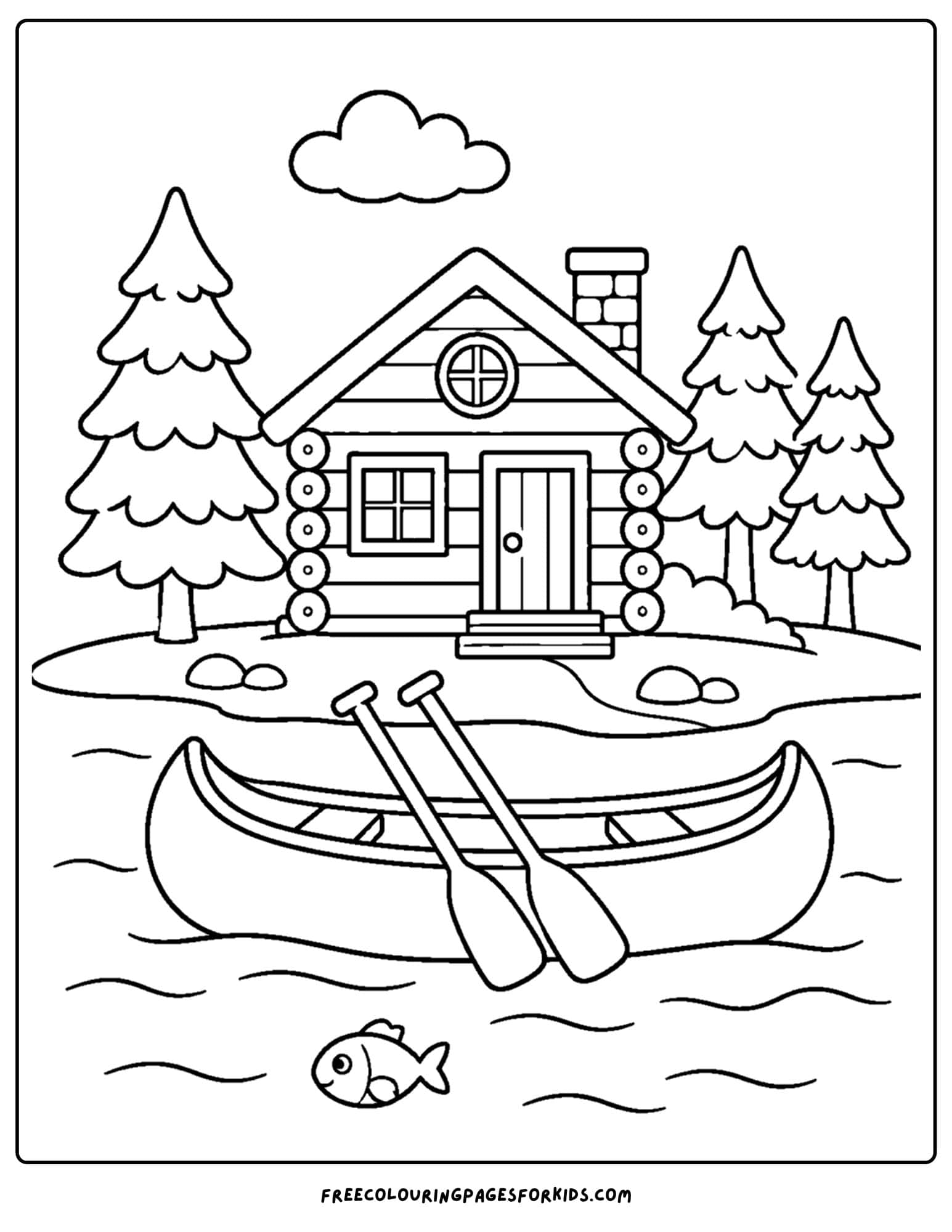 a cabin coloring page showing a canoe with paddles on the lake in front of a cabin