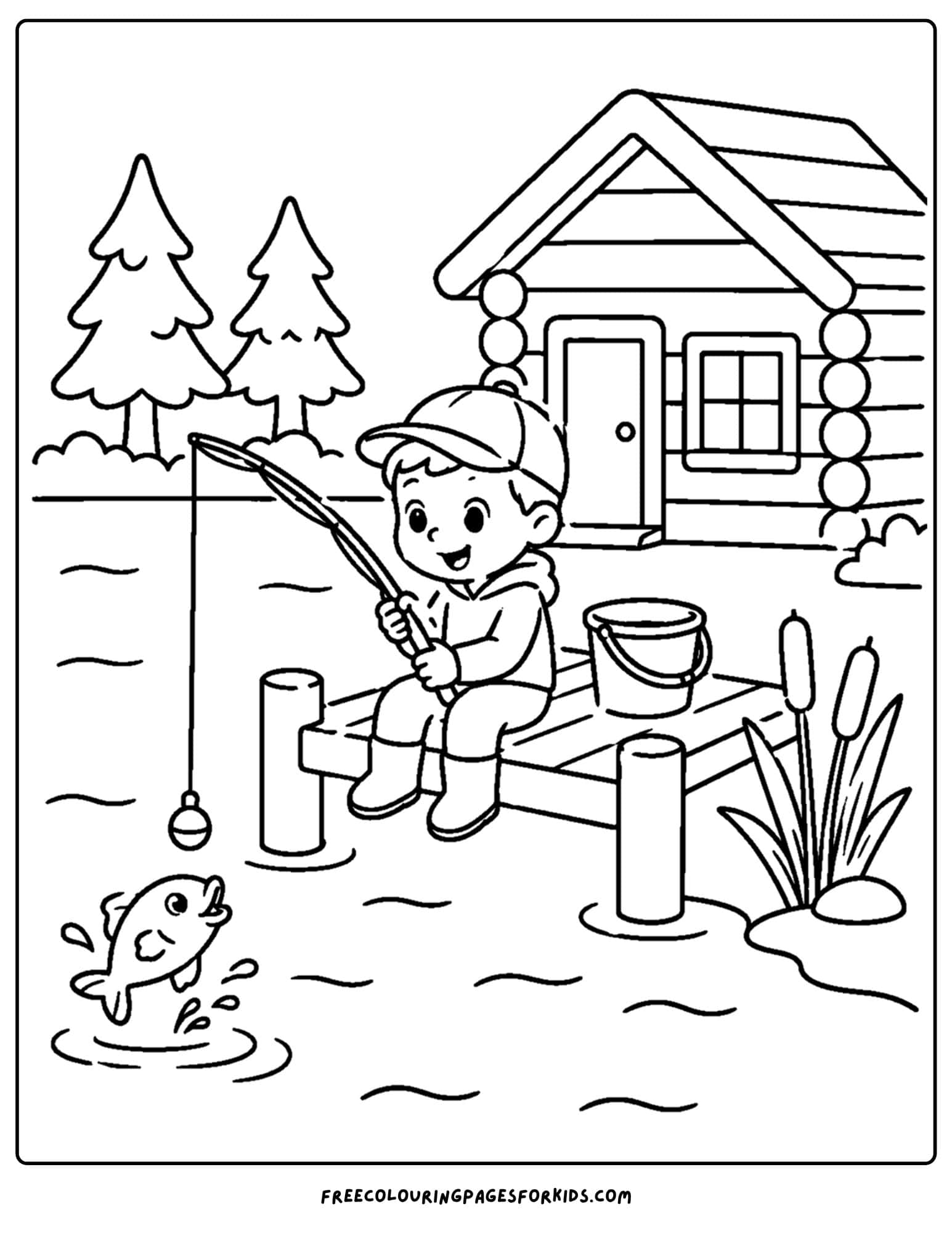 a cabin coloring page showing a child fishing off the dock of a cabin
