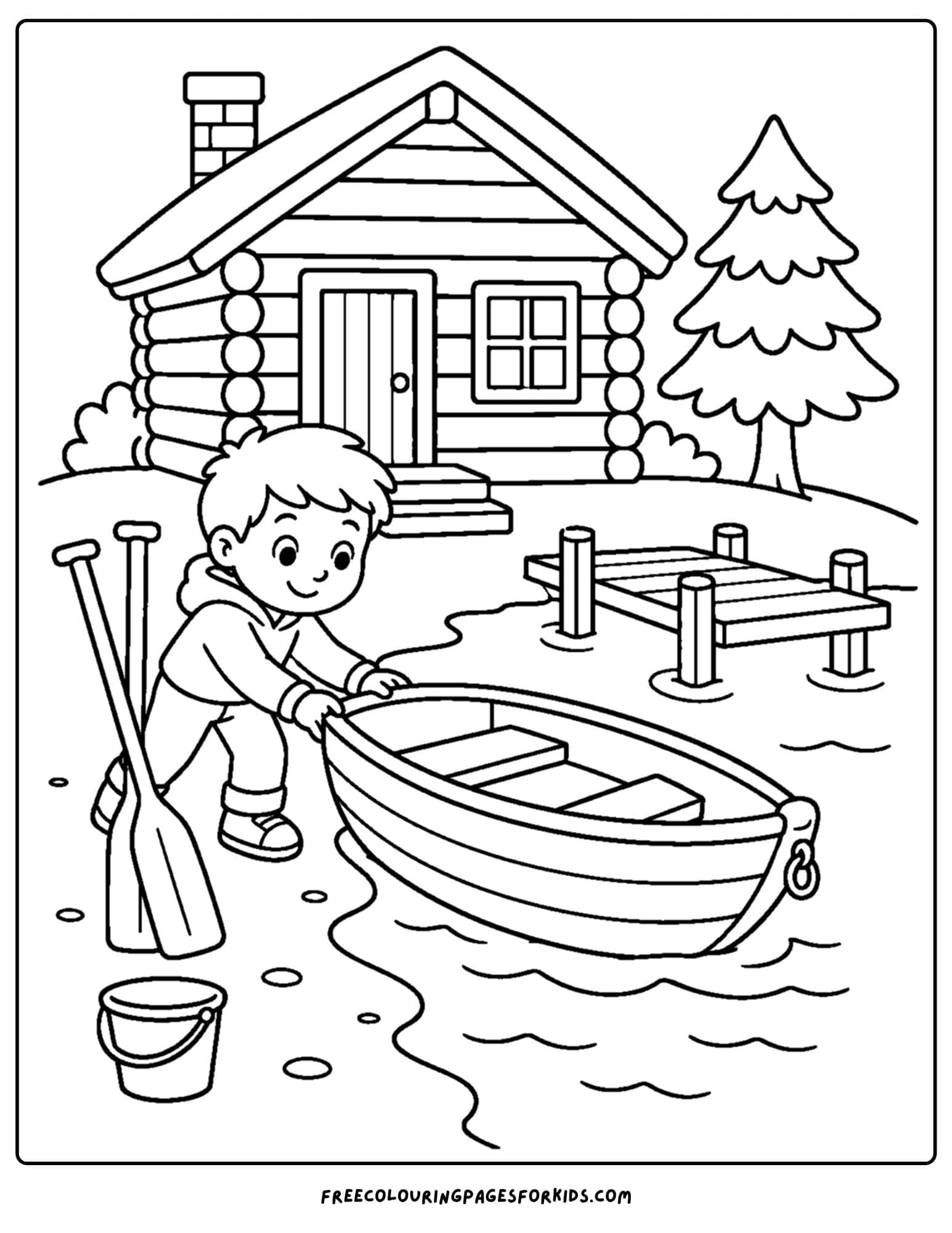 a cabin coloring page showing a child pushing a boat out onto the water from the cabin