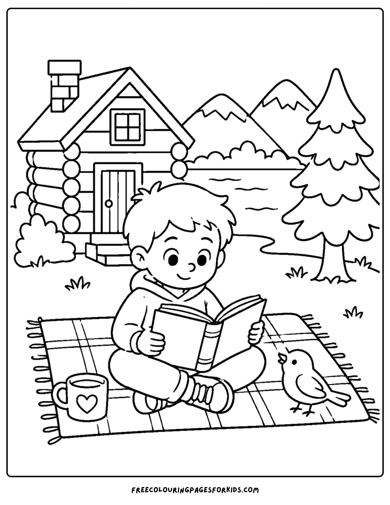 a cabin coloring page showing a child reading a book on a blanket by the cabin