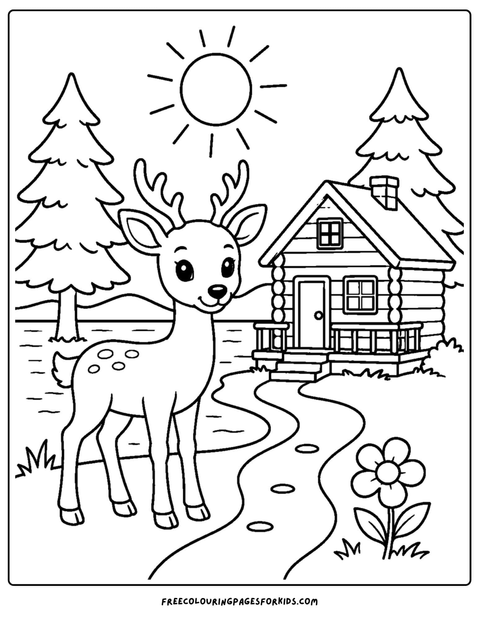 a cabin coloring page showing a deer beside the lake and cabin