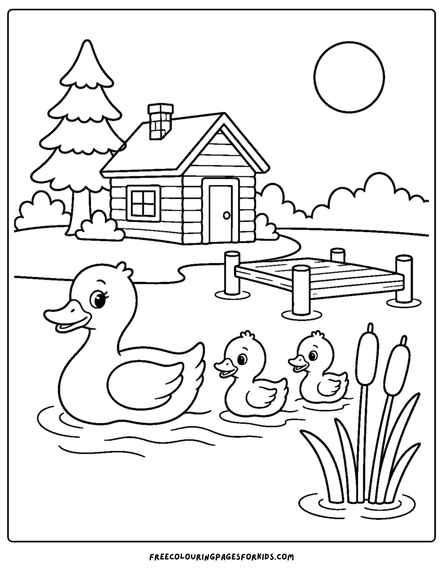 a cabin coloring page showing a duck family on the water in front of a cabin