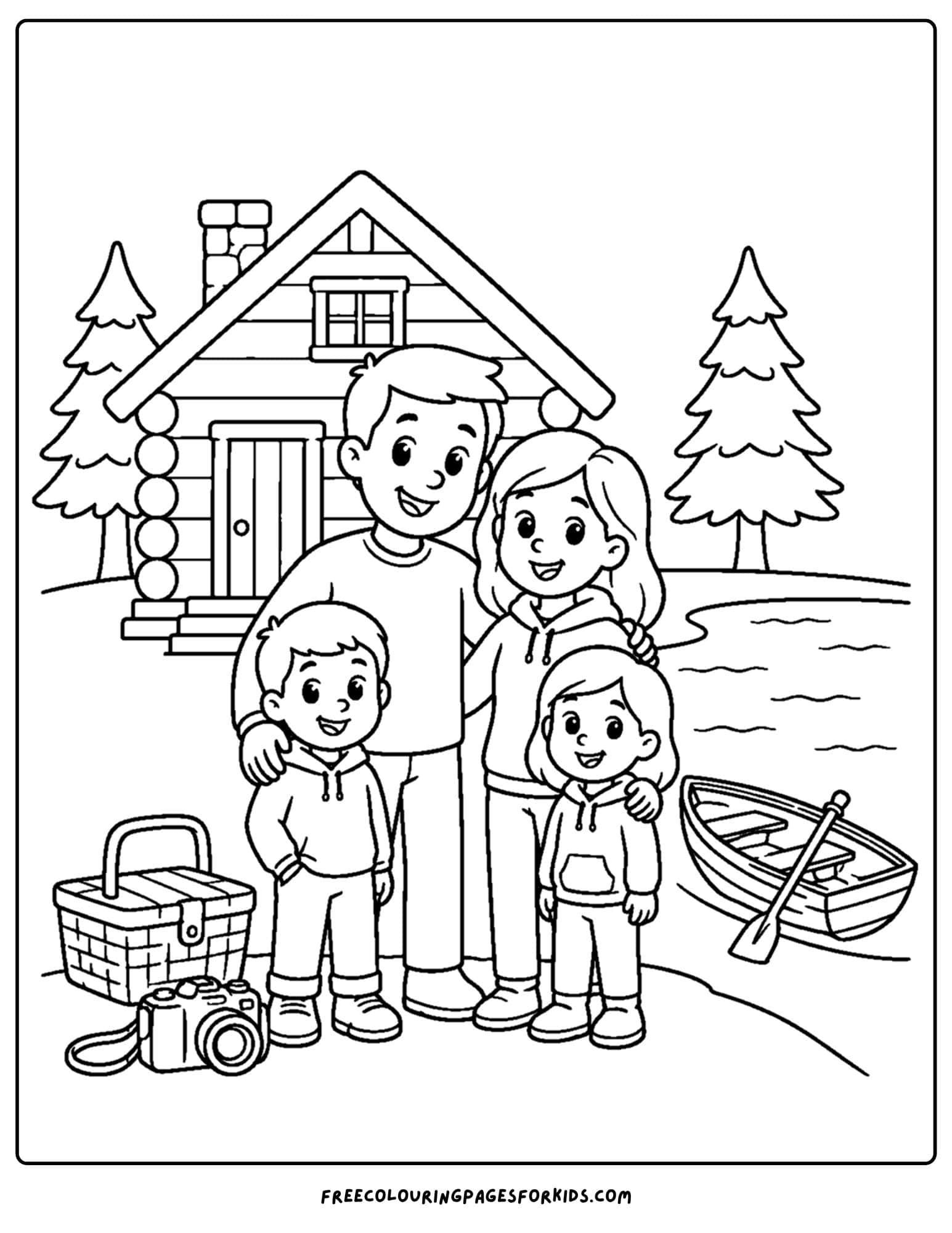 a cabin coloring page showing a family posing for a photo in front of their lake cabin