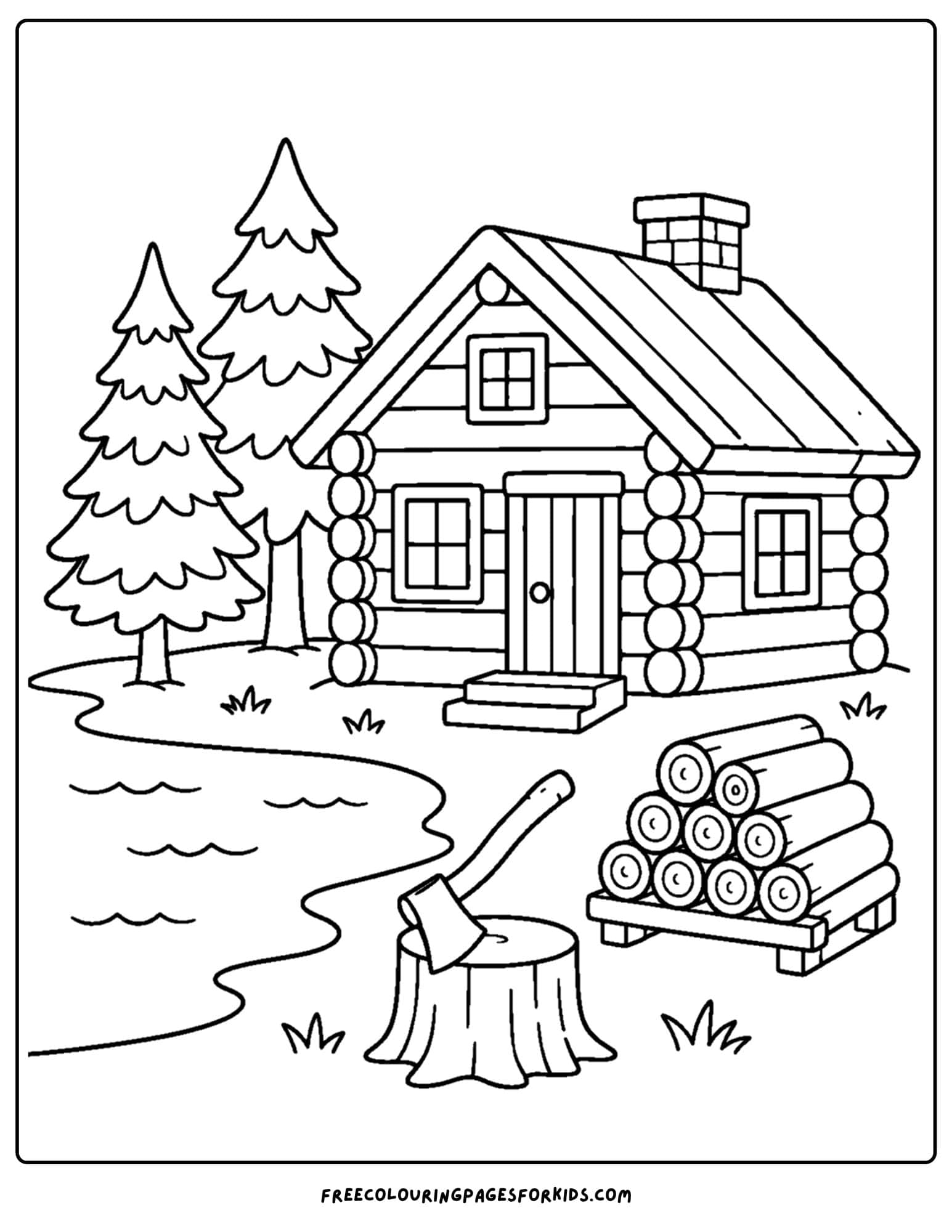 a cabin coloring page showing a cabin with a stack of firewood out the front