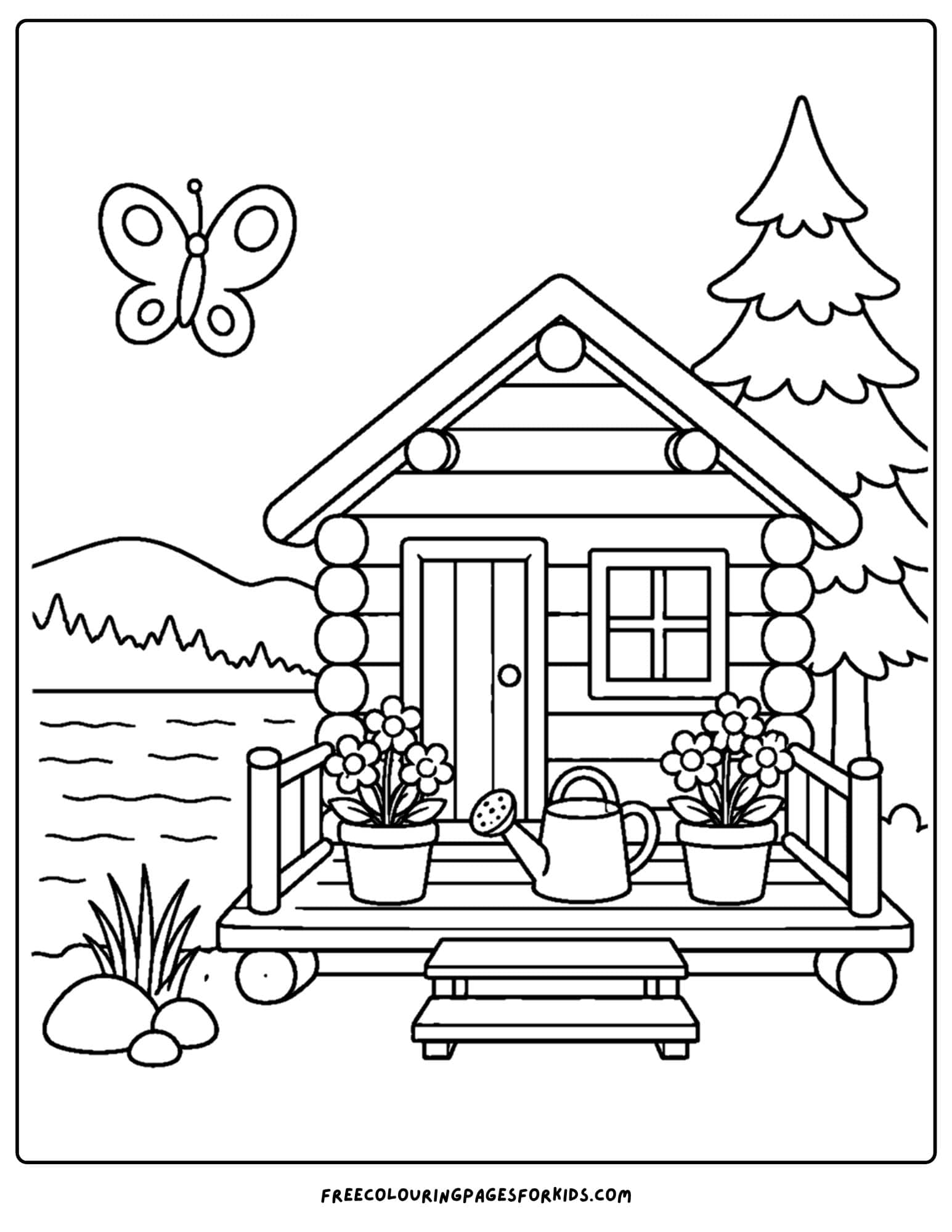 a cabin coloring page showing a cabin setting with potted plants on the porch