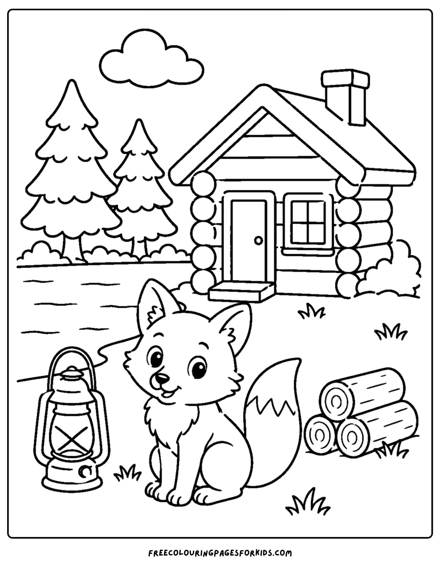 a cabin coloring page showing a fox sitting beside a lantern and logs with a cabin in the background