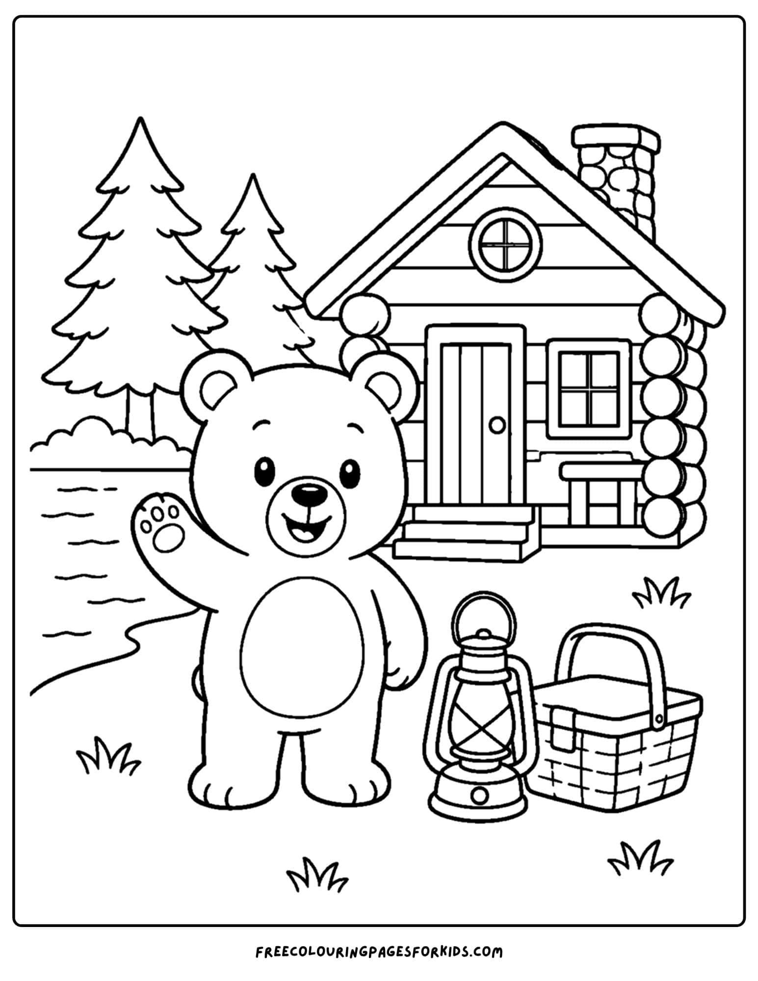 a cabin coloring page showing a friendly bear waving beside a picnic basket and cabin