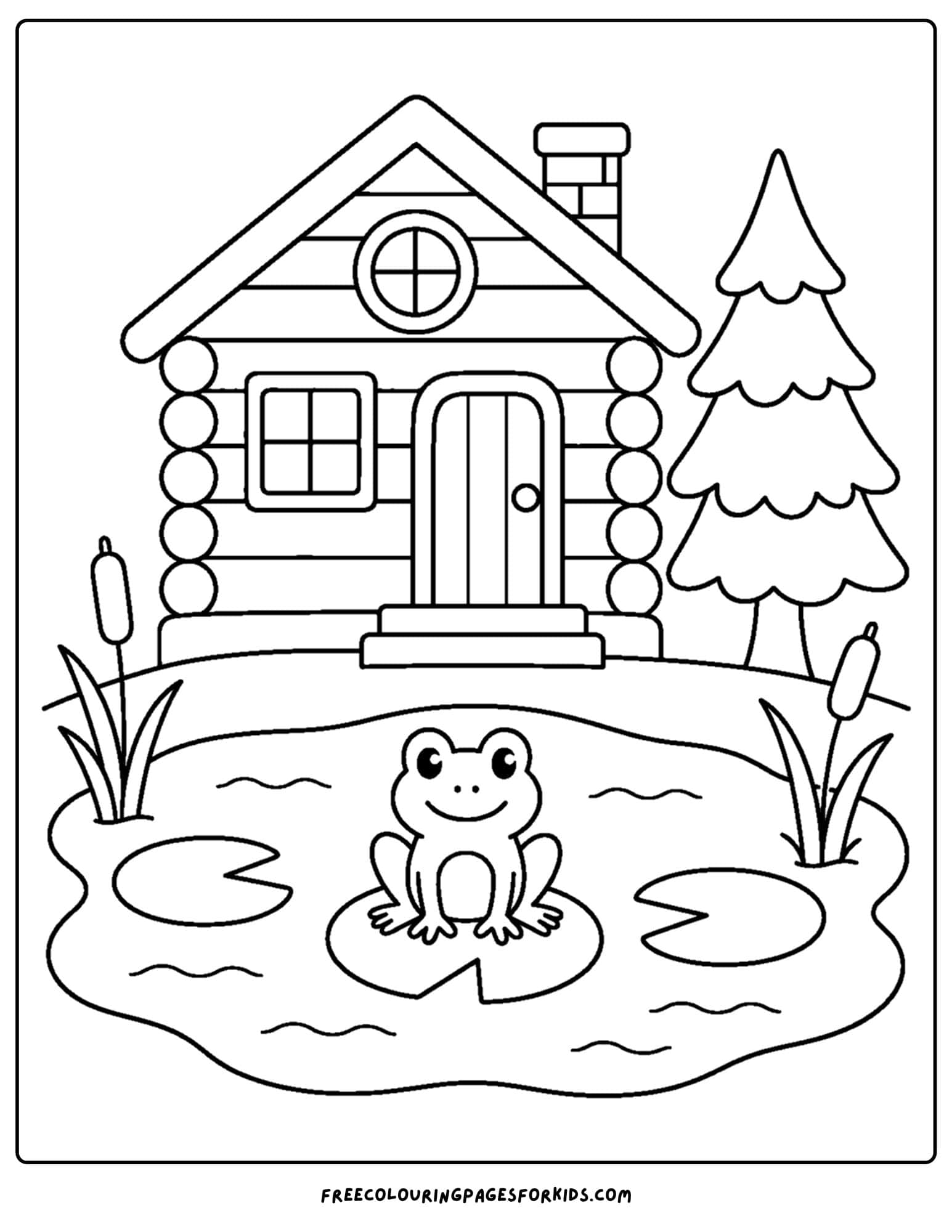 a cabin coloring page showing a frog on a lilypad with a cabin in the background
