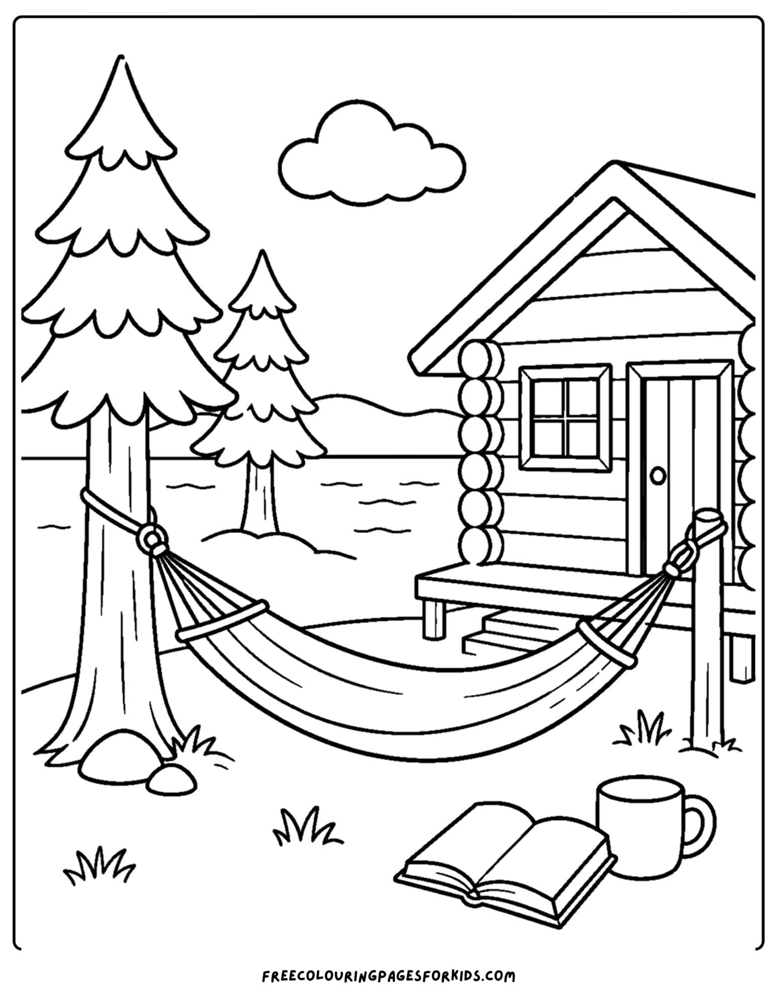 a cabin coloring page showing a hammock strung up in front of a cabin