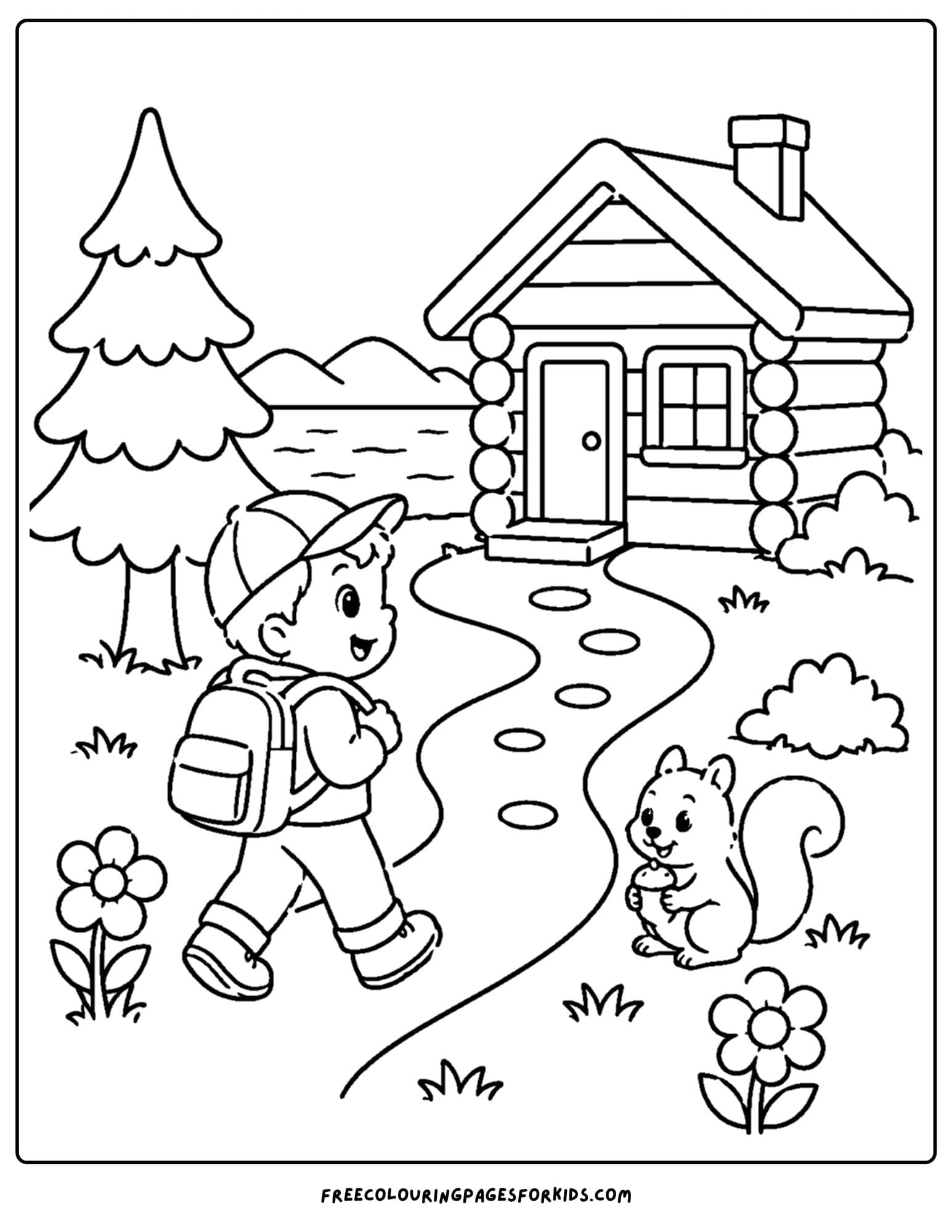 a cabin coloring page showing a child hiking up to a cabin in the woods