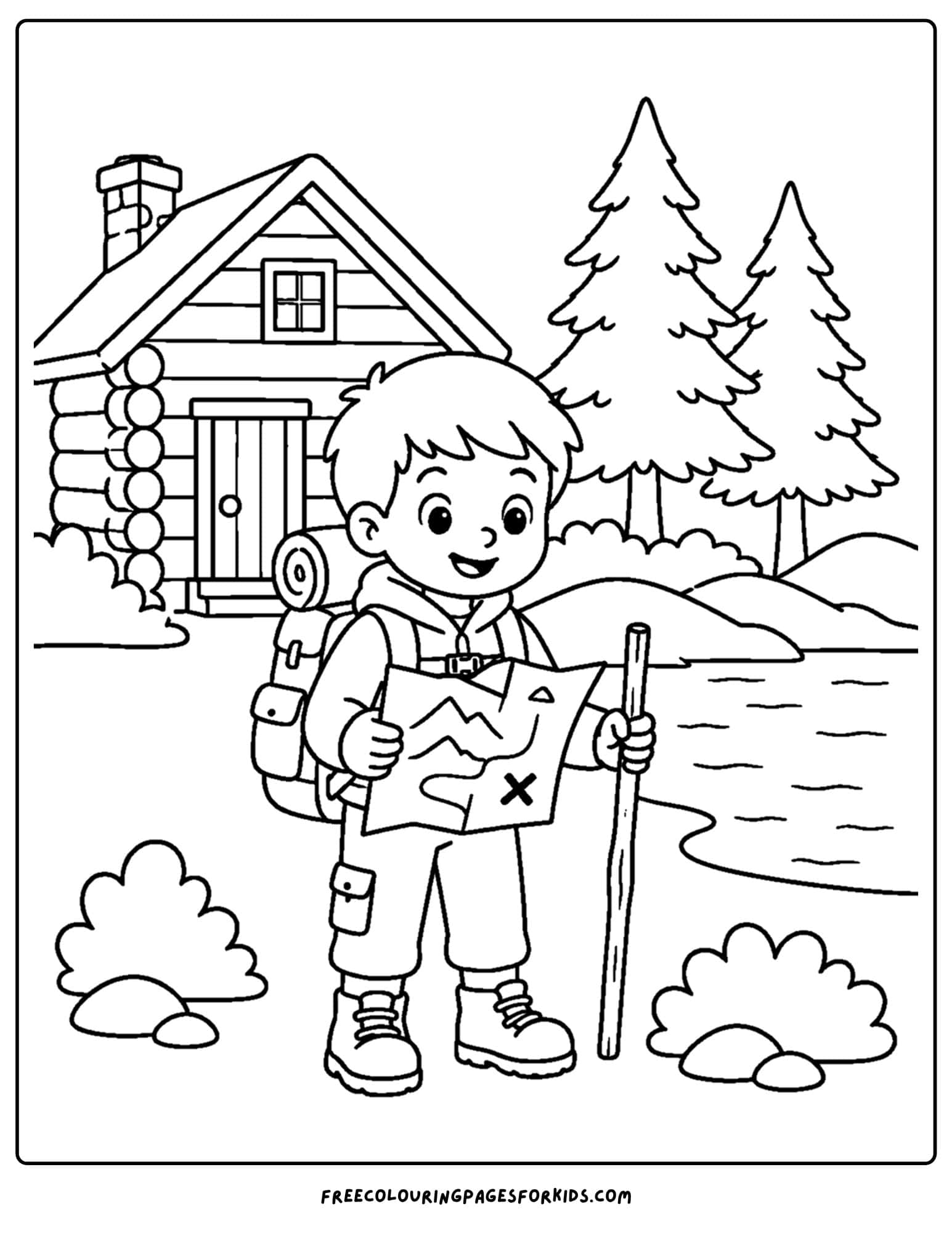 a cabin coloring page showing a kid with a map going for a hike from the cabin