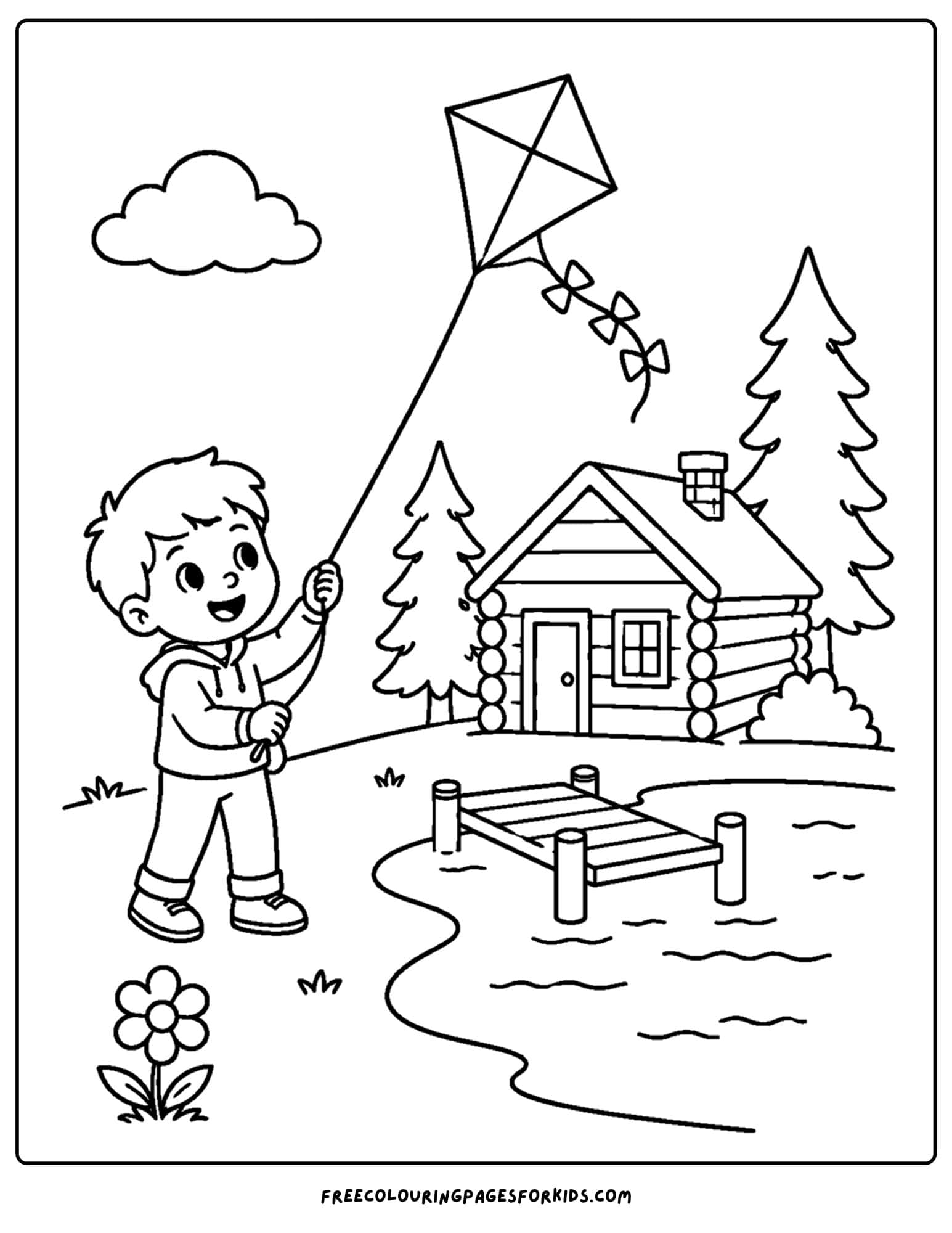 a cabin coloring page showing a child flying a kite in front of the cabin on the lake