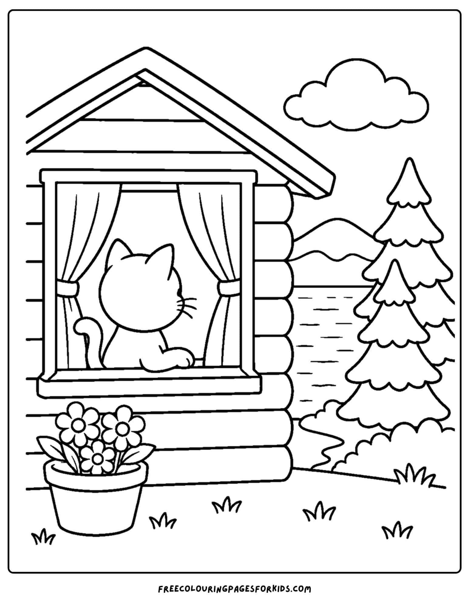 a cabin coloring page showing a cat in the window of a cabin