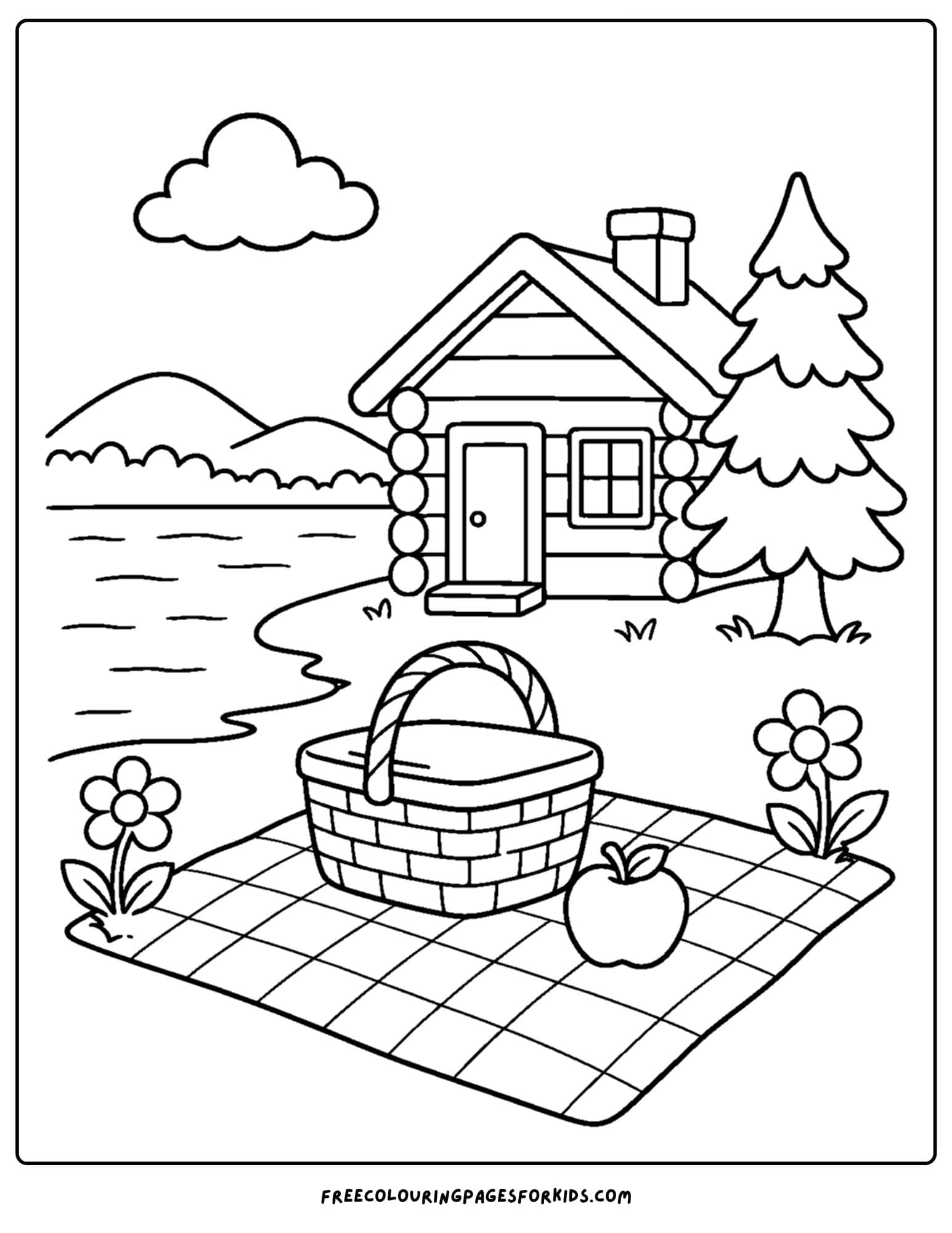a cabin coloring page showing a picnic setting on the edge of the lake cabin