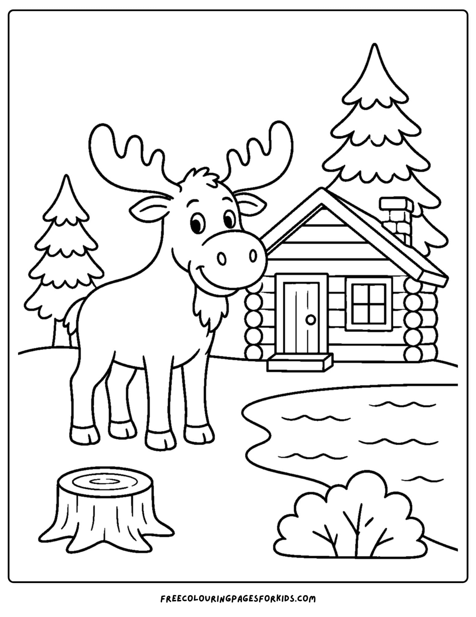 a cabin coloring page showing a moose beside a cabin at the lake