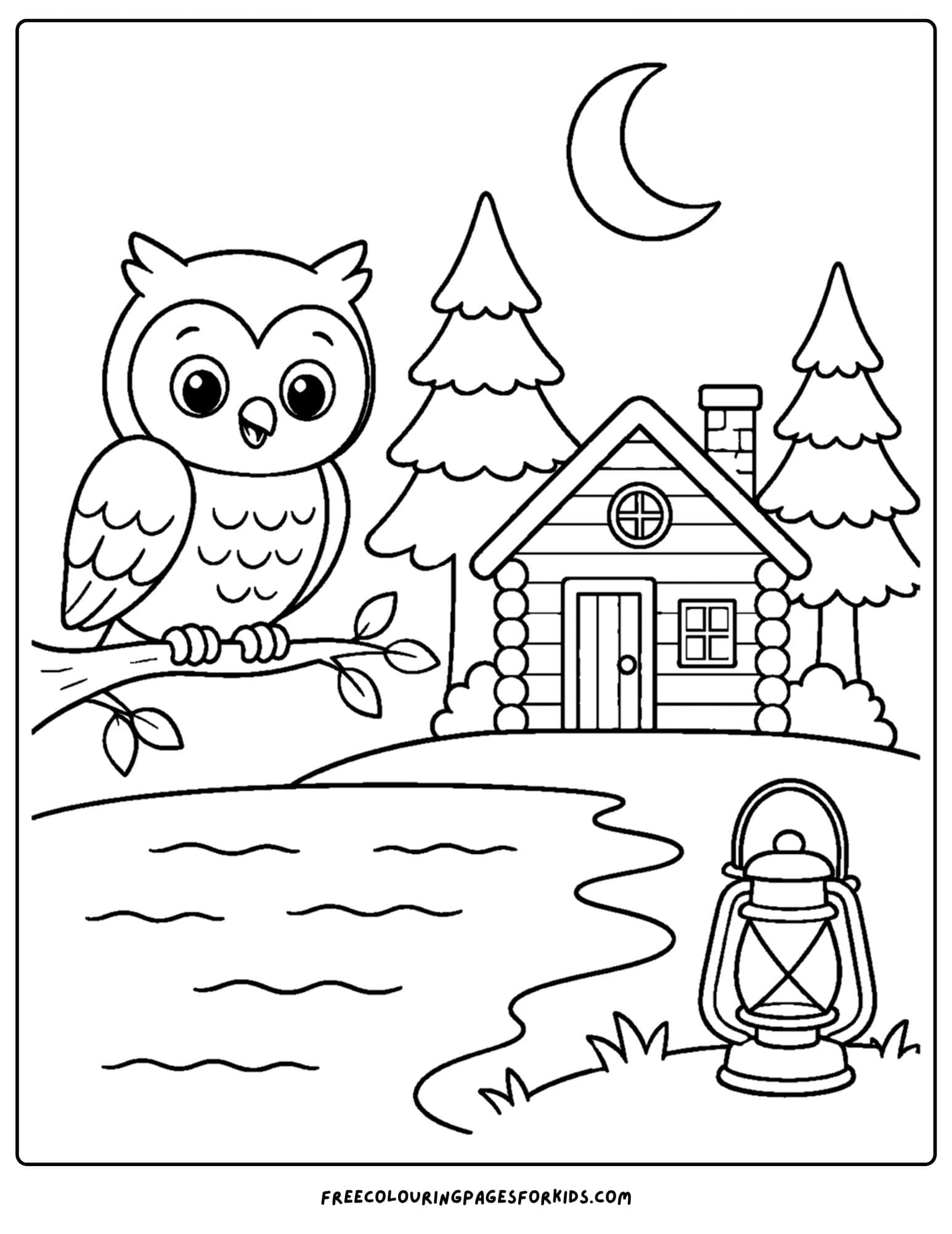 a cabin coloring page showing an owl on a tree branch in front of a cabin at night time