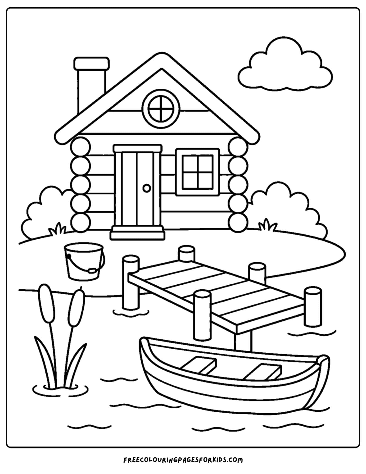 a cabin coloring page showing a boat at the dock in front of the cabin