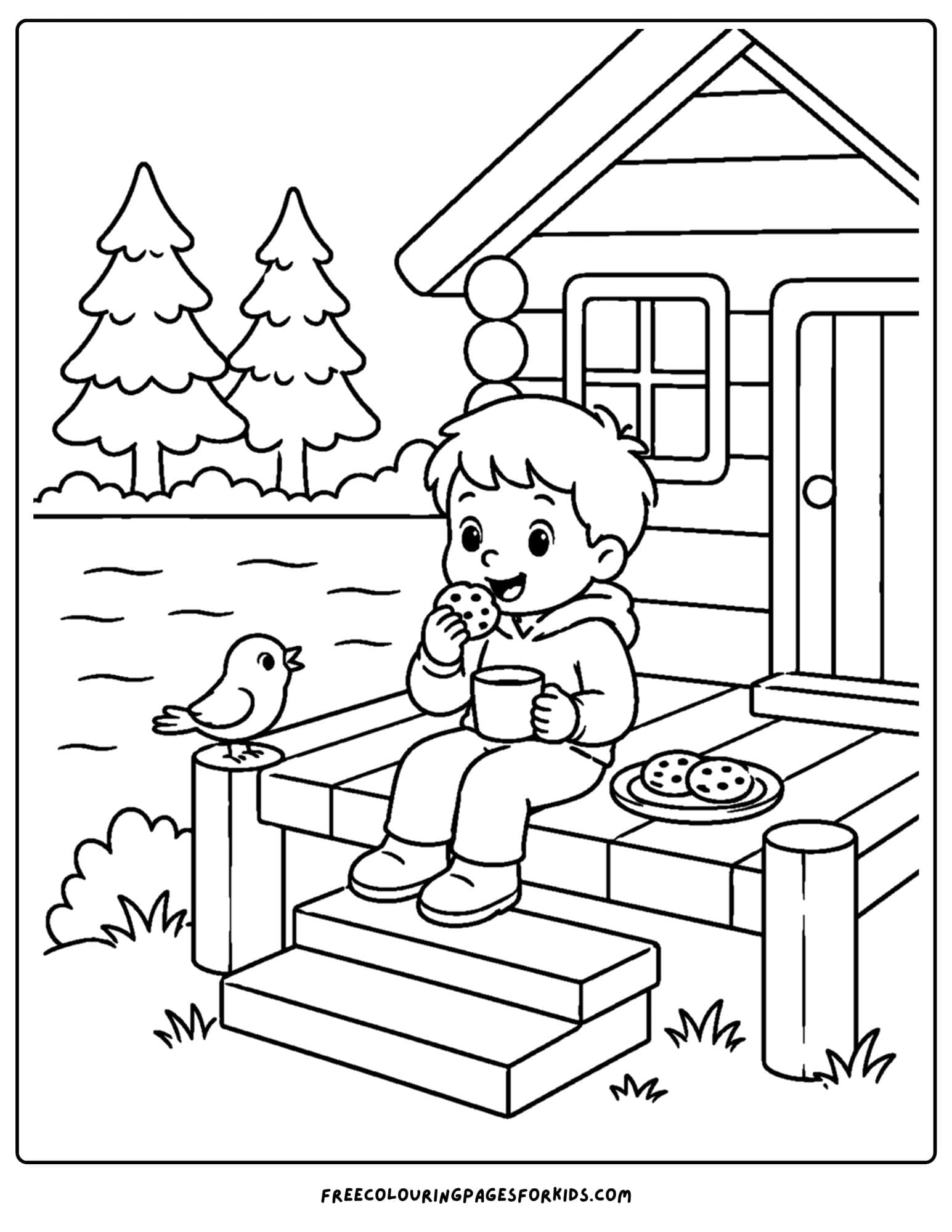 a cabin coloring page showing a child eating a snack on the porch looking at the view