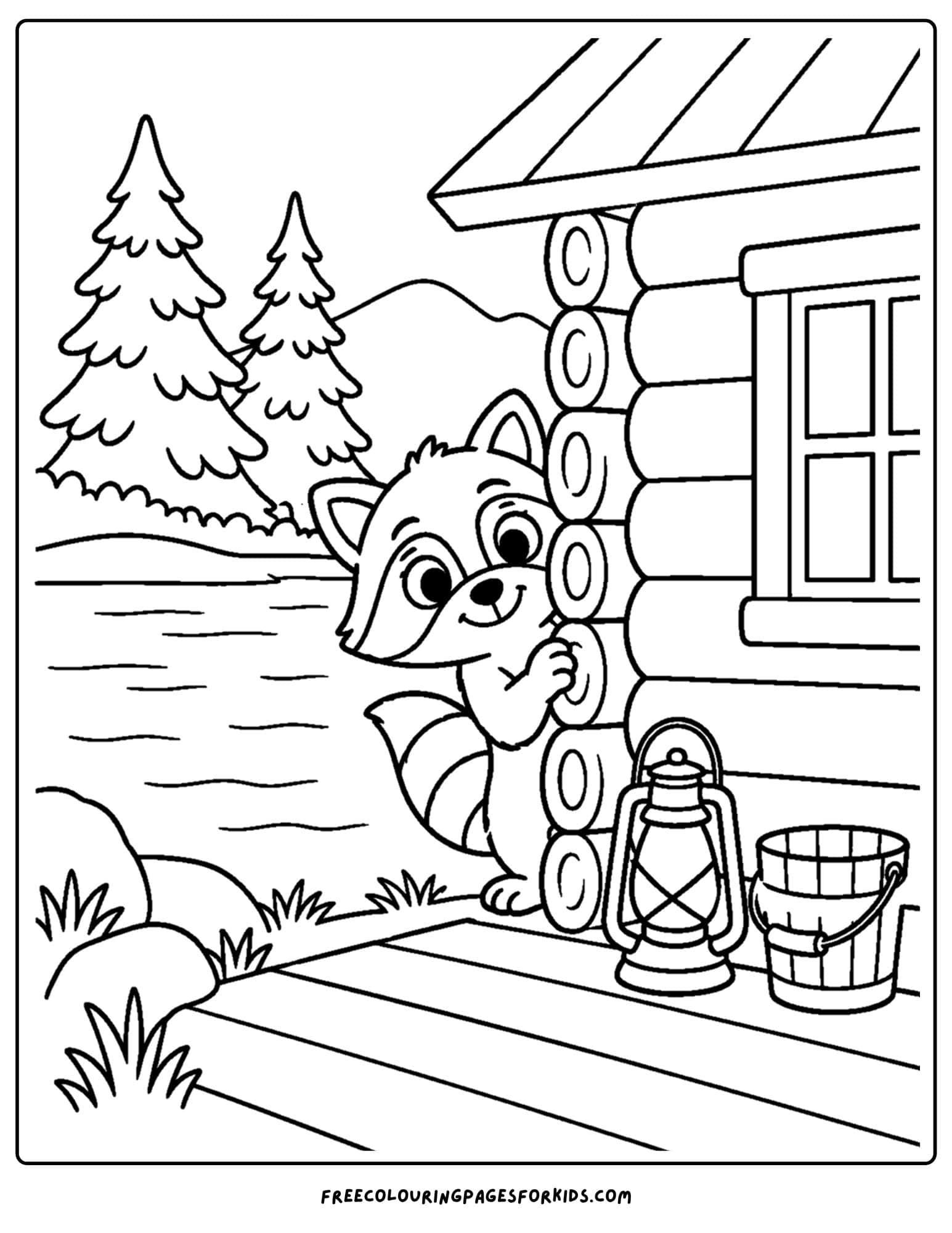 a cabin coloring page showing a raccoon peeking from behind a cabin