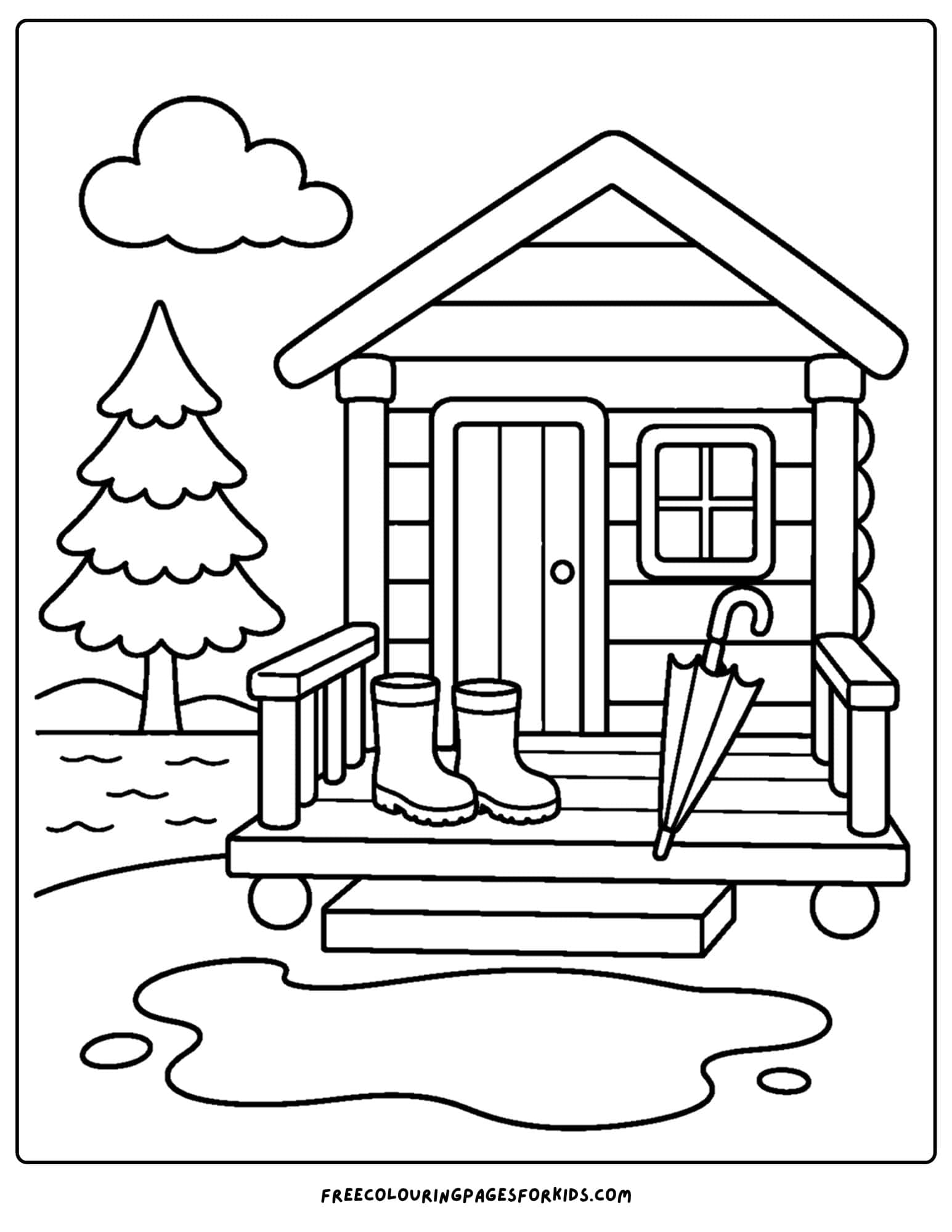 a cabin coloring page showing a pair of boots and umbrella on the porch after a wet day